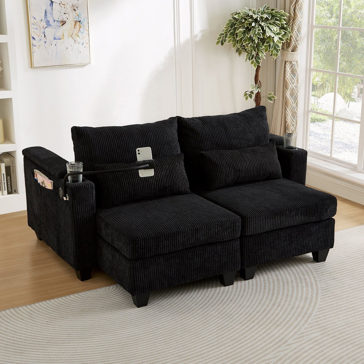 Divano letto trasformabile in chaise longue da 63 posti, divano letto in velluto a coste con porte USB e due portabicchieri