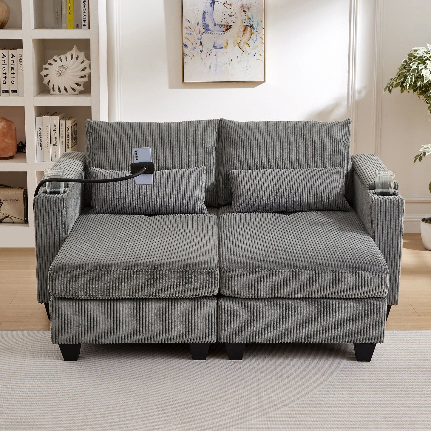 Divano letto trasformabile in chaise longue da 63 posti, divano letto in velluto a coste con porte USB e due portabicchieri