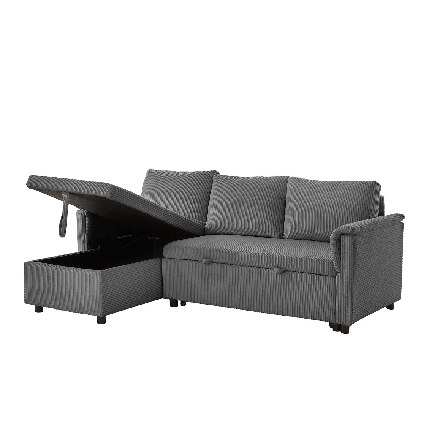 Divano letto estraibile modulare in velluto a coste trasformabile con chaise longue contenitore e schienale reclinabile per soggiorno