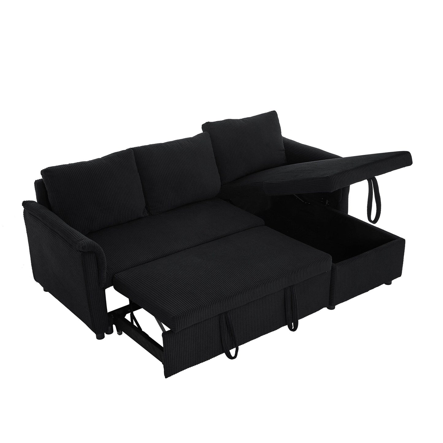 Divano letto estraibile modulare in velluto a coste trasformabile con chaise longue contenitore e schienale reclinabile per soggiorno