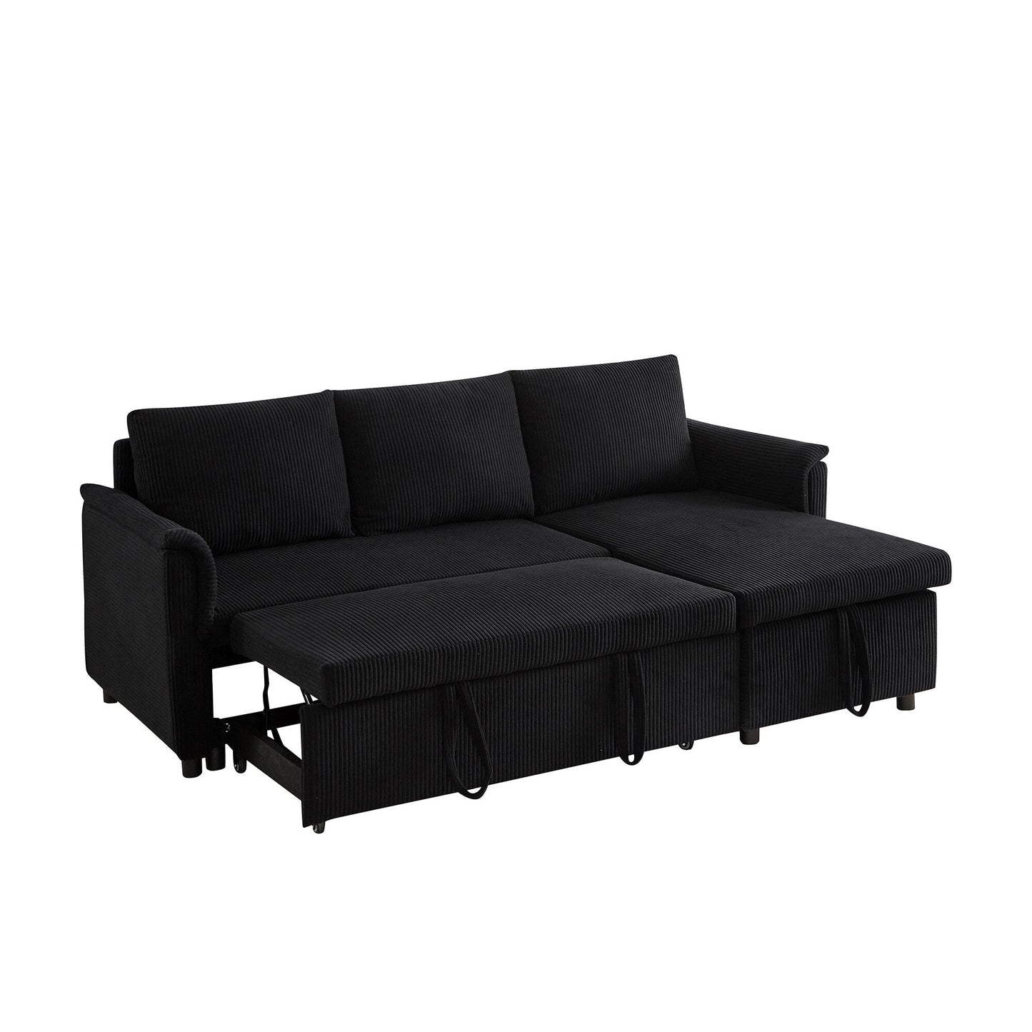 Divano letto estraibile modulare in velluto a coste trasformabile con chaise longue contenitore e schienale reclinabile per soggiorno