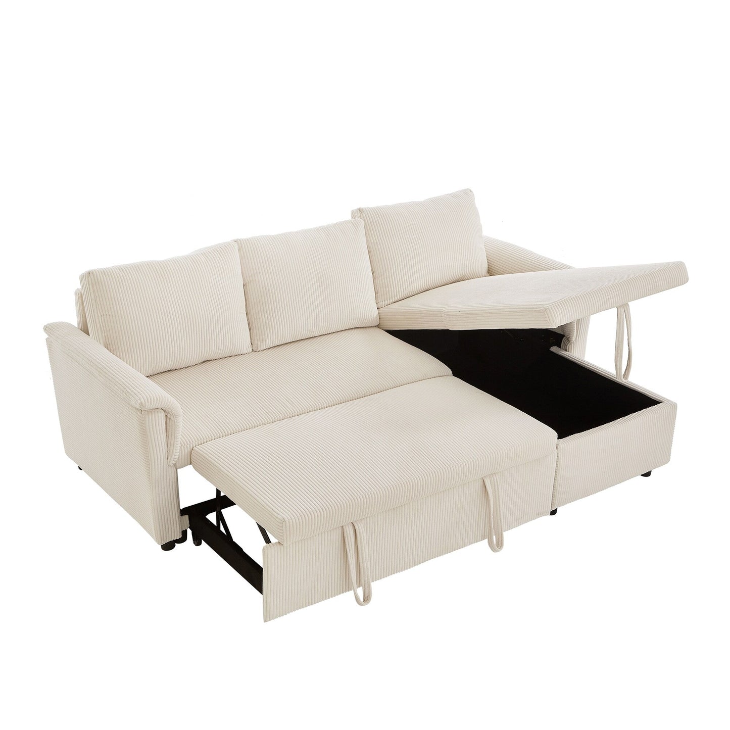 Divano letto estraibile modulare in velluto a coste trasformabile con chaise longue contenitore e schienale reclinabile per soggiorno