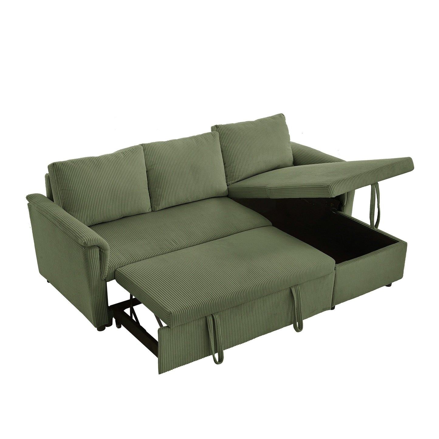 Divano letto estraibile modulare in velluto a coste trasformabile con chaise longue contenitore e schienale reclinabile per soggiorno