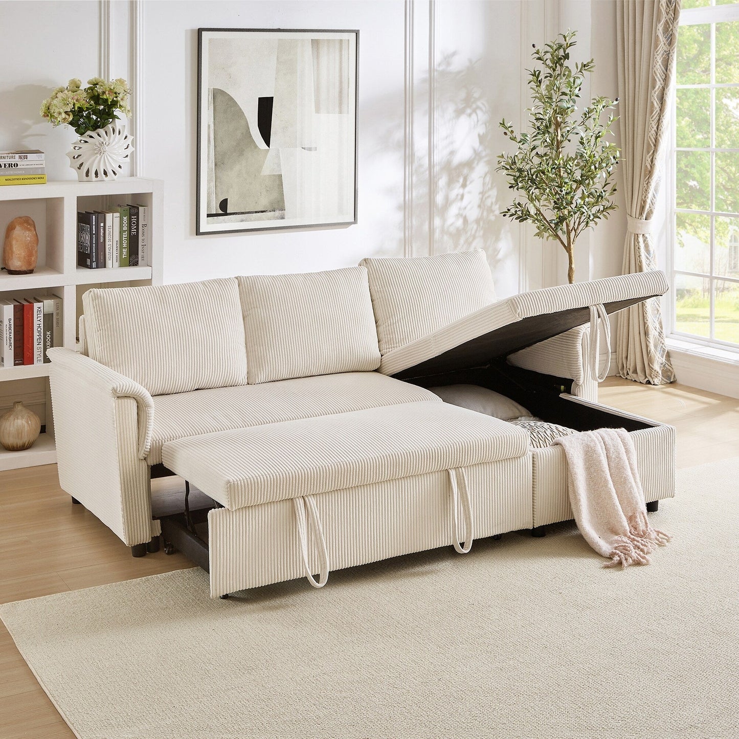 Divano letto estraibile modulare in velluto a coste trasformabile con chaise longue contenitore e schienale reclinabile per soggiorno