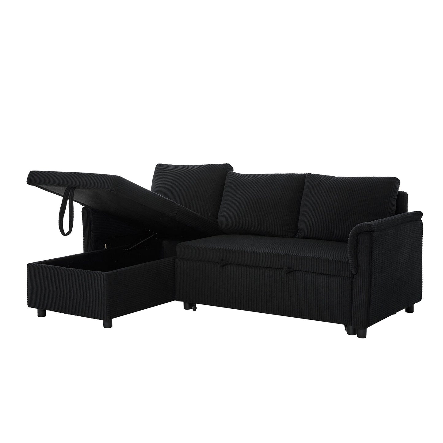Divano letto estraibile modulare in velluto a coste trasformabile con chaise longue contenitore e schienale reclinabile per soggiorno