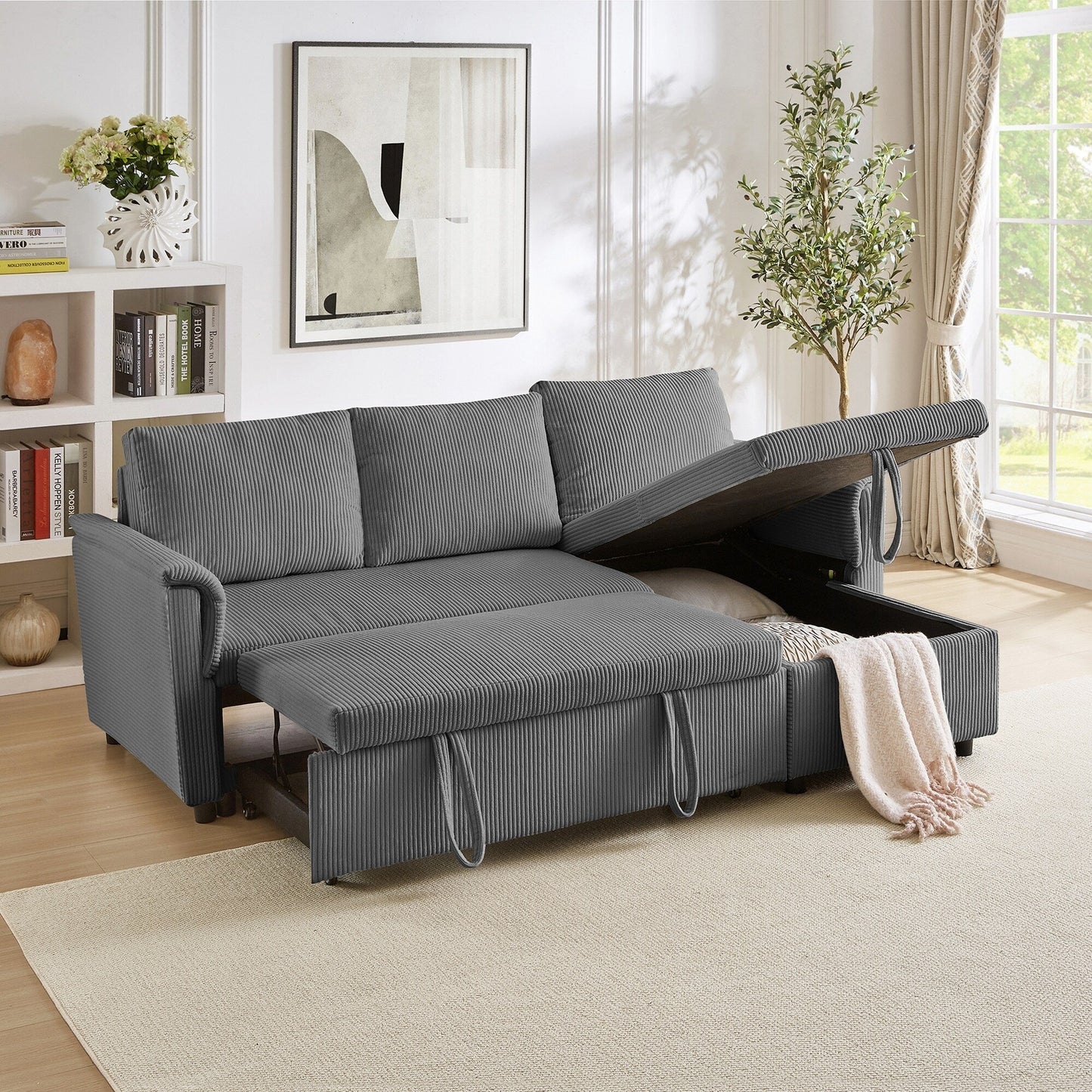 Divano letto estraibile modulare in velluto a coste trasformabile con chaise longue contenitore e schienale reclinabile per soggiorno