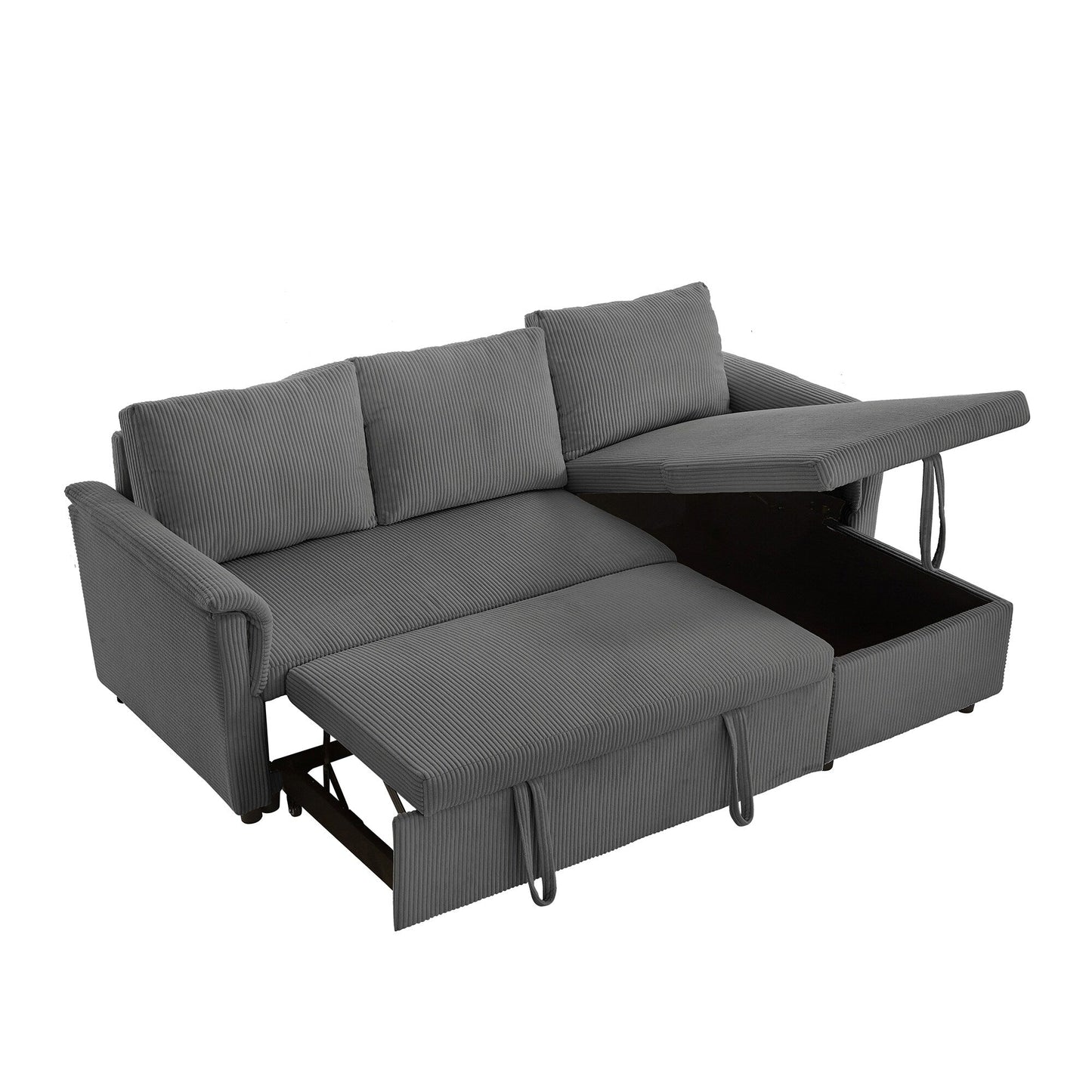 Divano letto estraibile modulare in velluto a coste trasformabile con chaise longue contenitore e schienale reclinabile per soggiorno