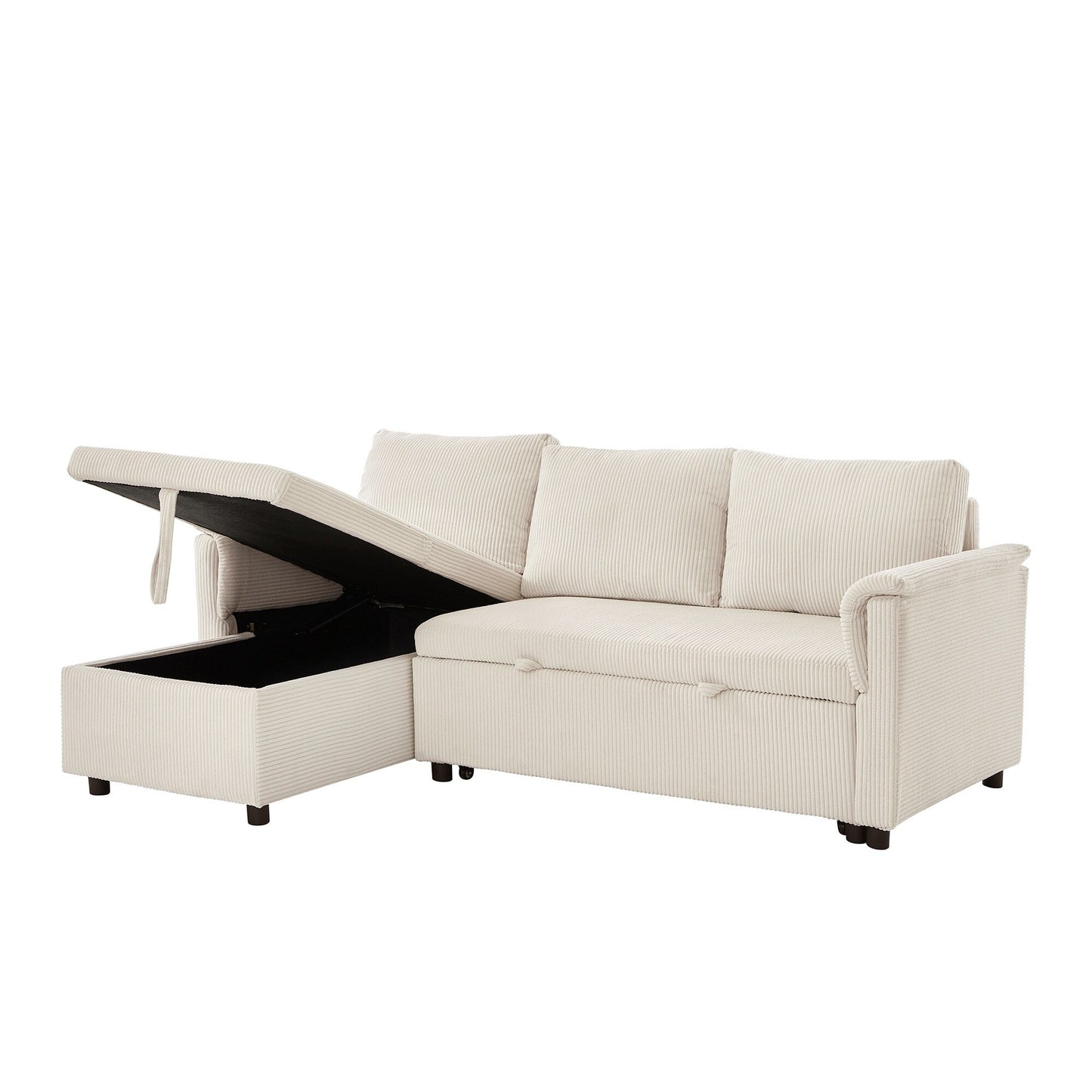 Divano letto estraibile modulare in velluto a coste trasformabile con chaise longue contenitore e schienale reclinabile per soggiorno