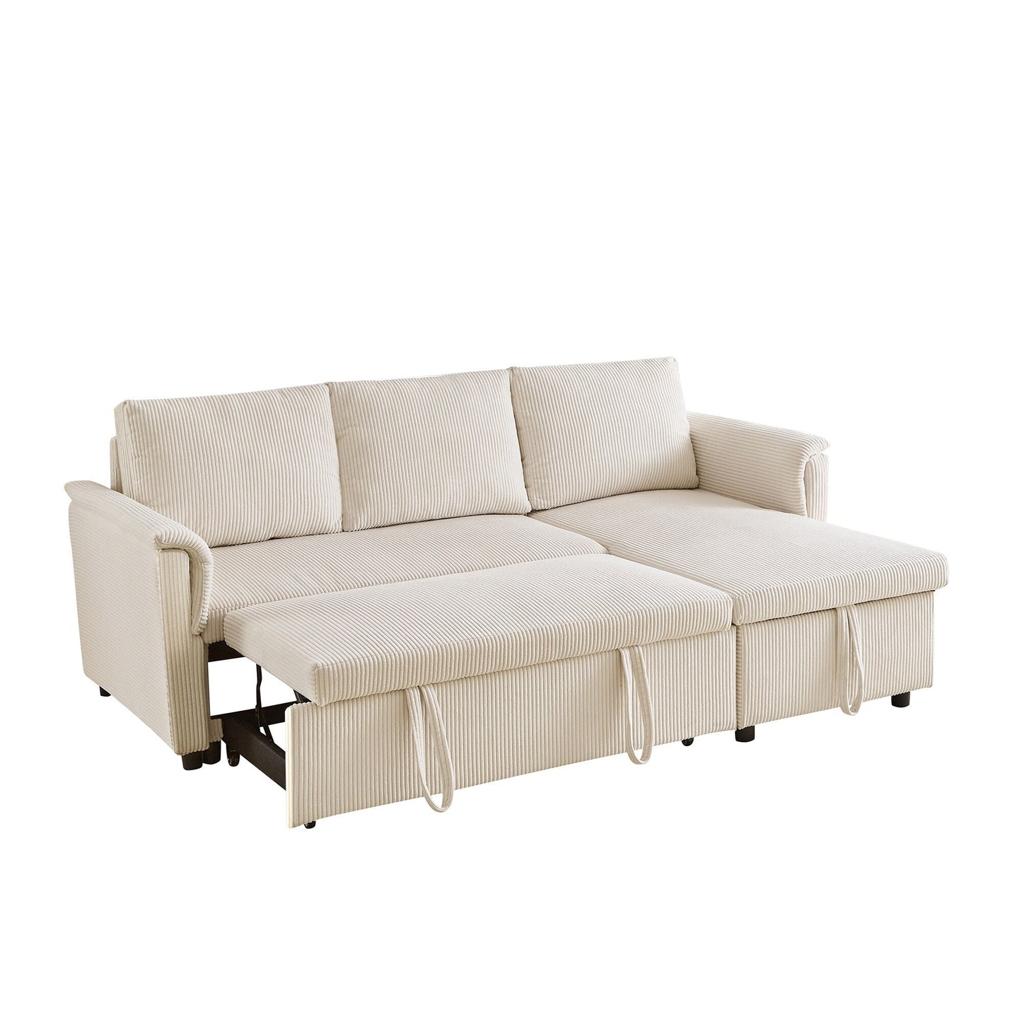 Divano letto estraibile modulare in velluto a coste trasformabile con chaise longue contenitore e schienale reclinabile per soggiorno