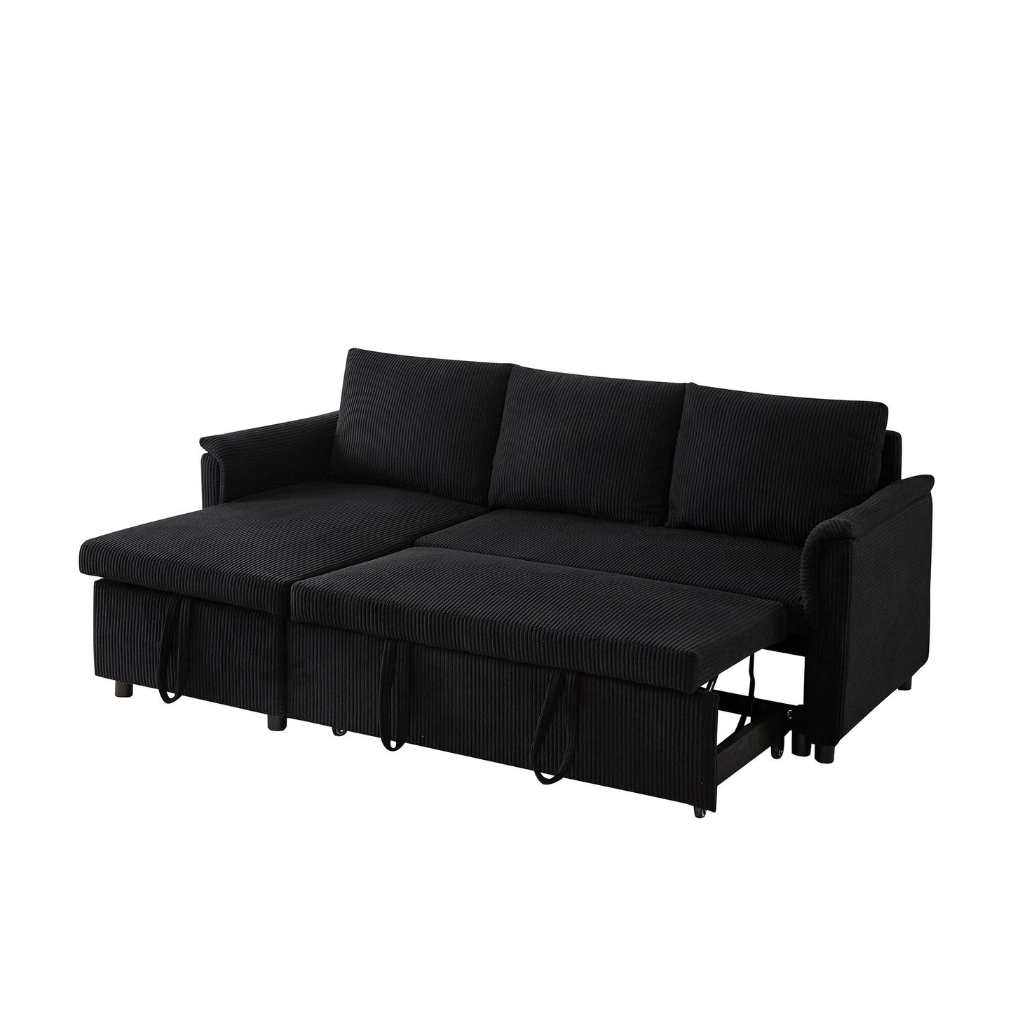 Divano letto estraibile modulare in velluto a coste trasformabile con chaise longue contenitore e schienale reclinabile per soggiorno