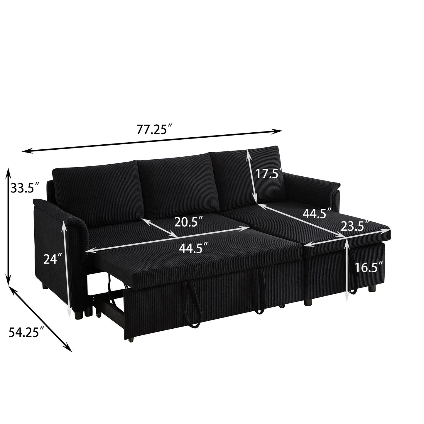 Divano letto estraibile modulare in velluto a coste trasformabile con chaise longue contenitore e schienale reclinabile per soggiorno