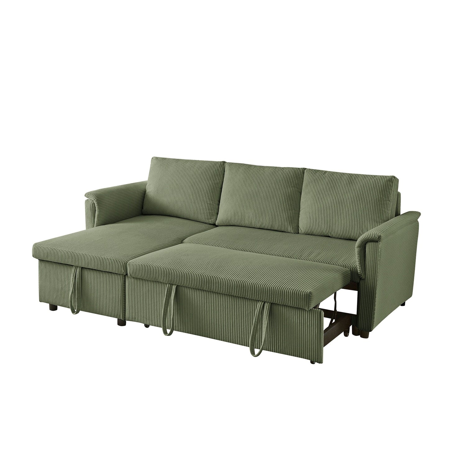 Divano letto estraibile modulare in velluto a coste trasformabile con chaise longue contenitore e schienale reclinabile per soggiorno