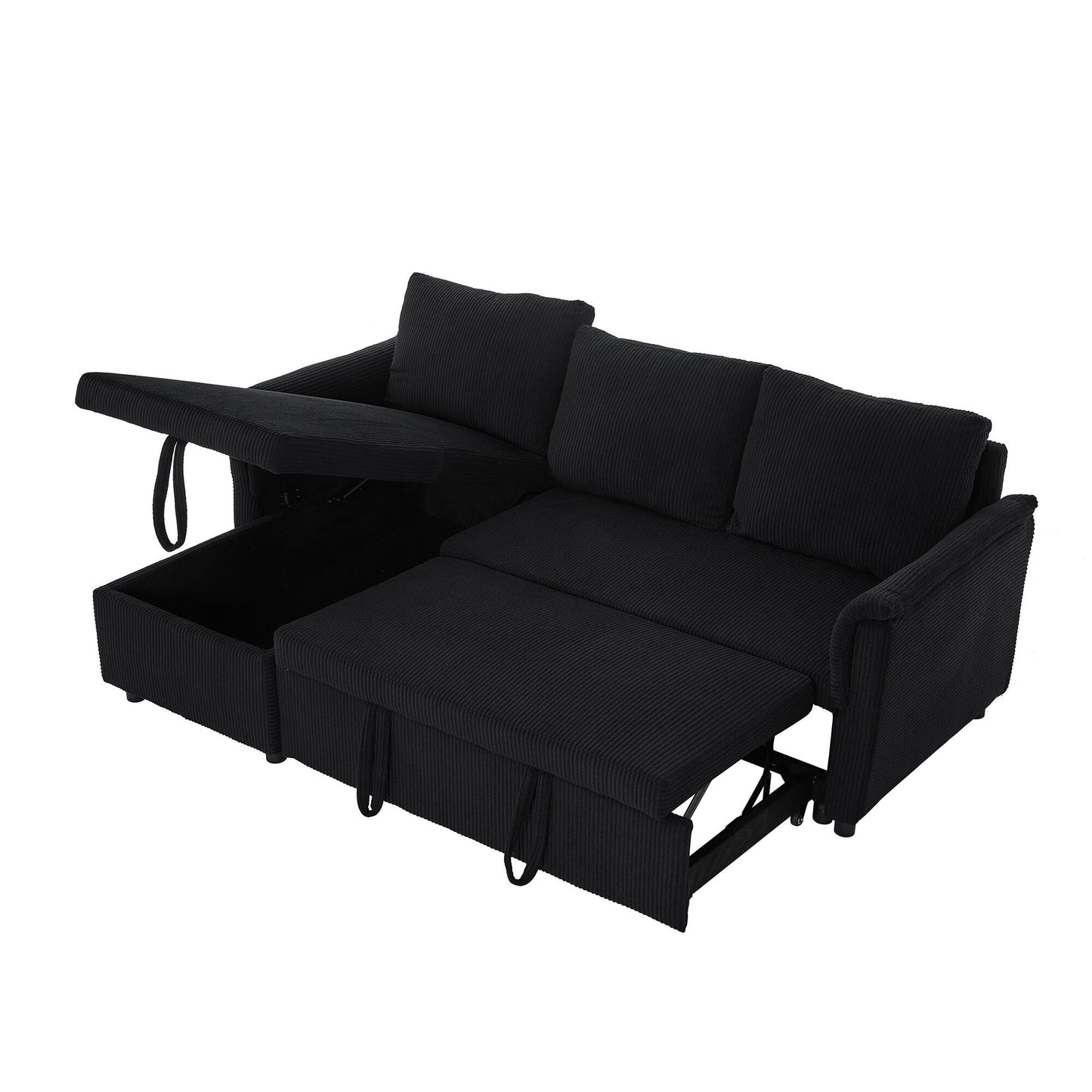 Divano letto estraibile modulare in velluto a coste trasformabile con chaise longue contenitore e schienale reclinabile per soggiorno