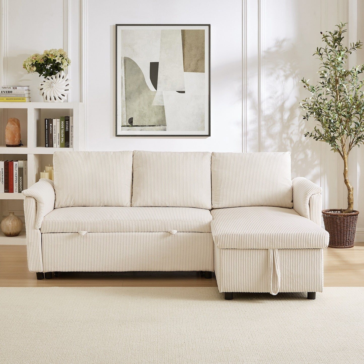 Divano letto estraibile modulare in velluto a coste trasformabile con chaise longue contenitore e schienale reclinabile per soggiorno