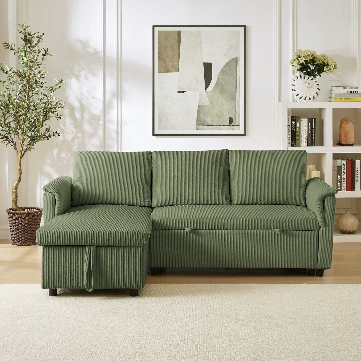 Divano letto estraibile modulare in velluto a coste trasformabile con chaise longue contenitore e schienale reclinabile per soggiorno