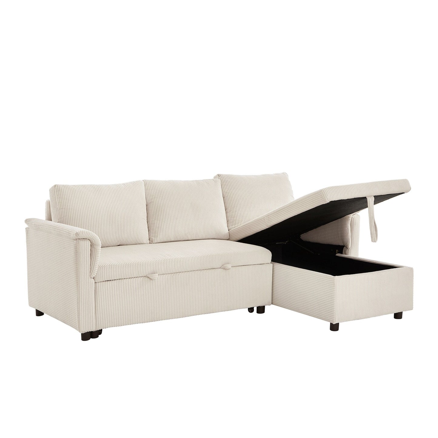 Divano letto estraibile modulare in velluto a coste trasformabile con chaise longue contenitore e schienale reclinabile per soggiorno