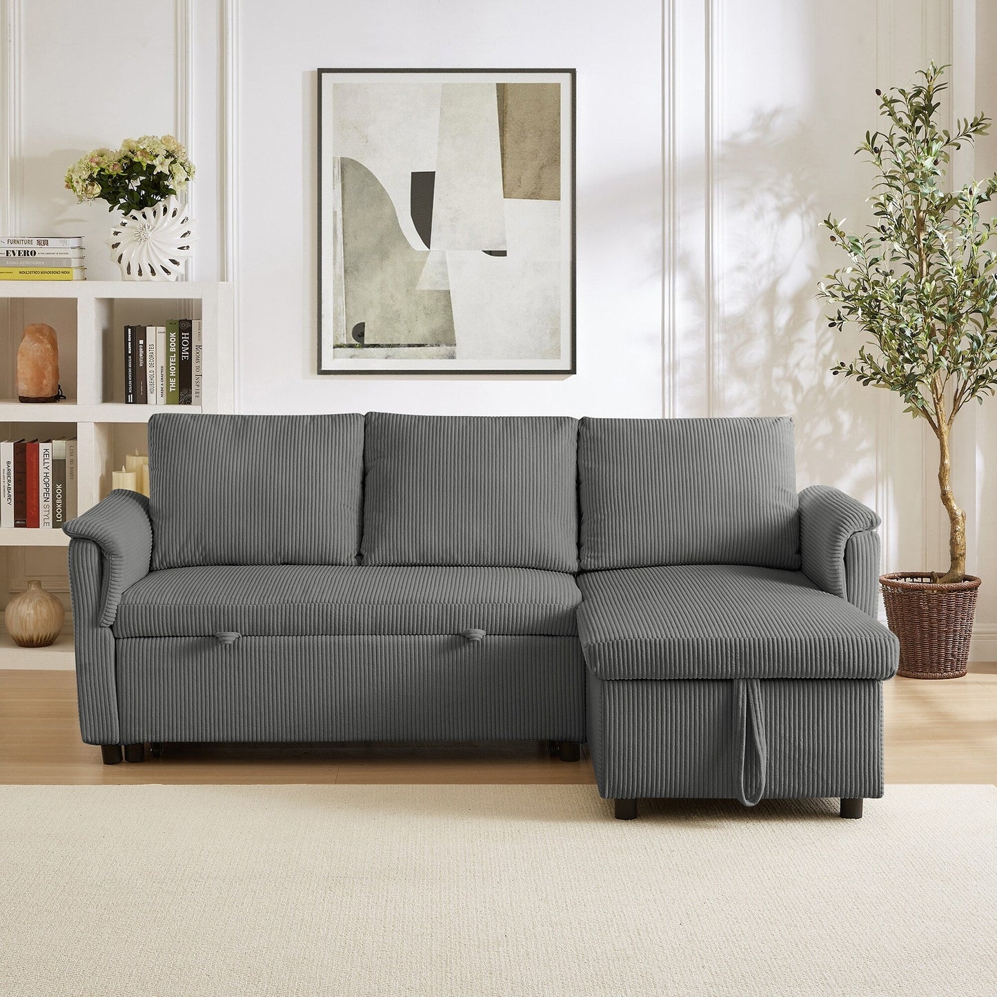 Divano letto estraibile modulare in velluto a coste trasformabile con chaise longue contenitore e schienale reclinabile per soggiorno
