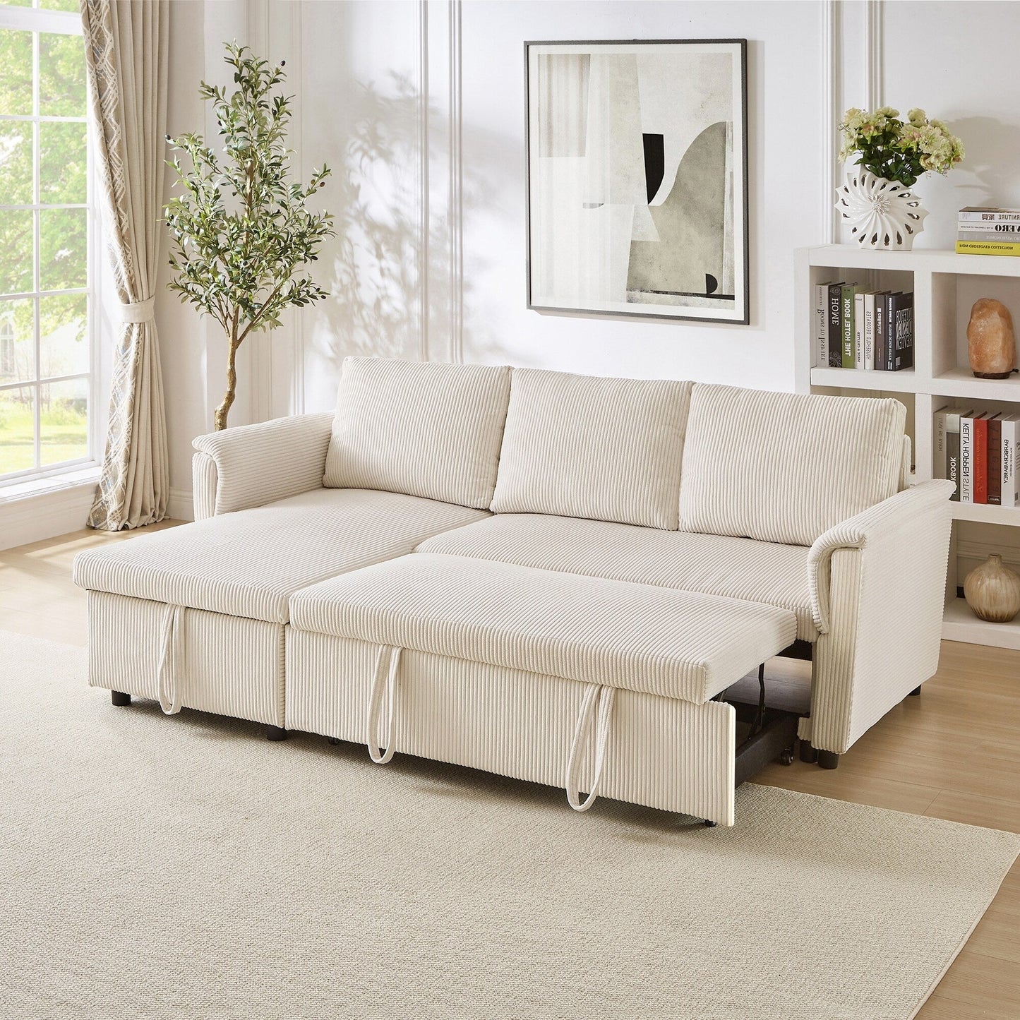 Divano letto estraibile modulare in velluto a coste trasformabile con chaise longue contenitore e schienale reclinabile per soggiorno