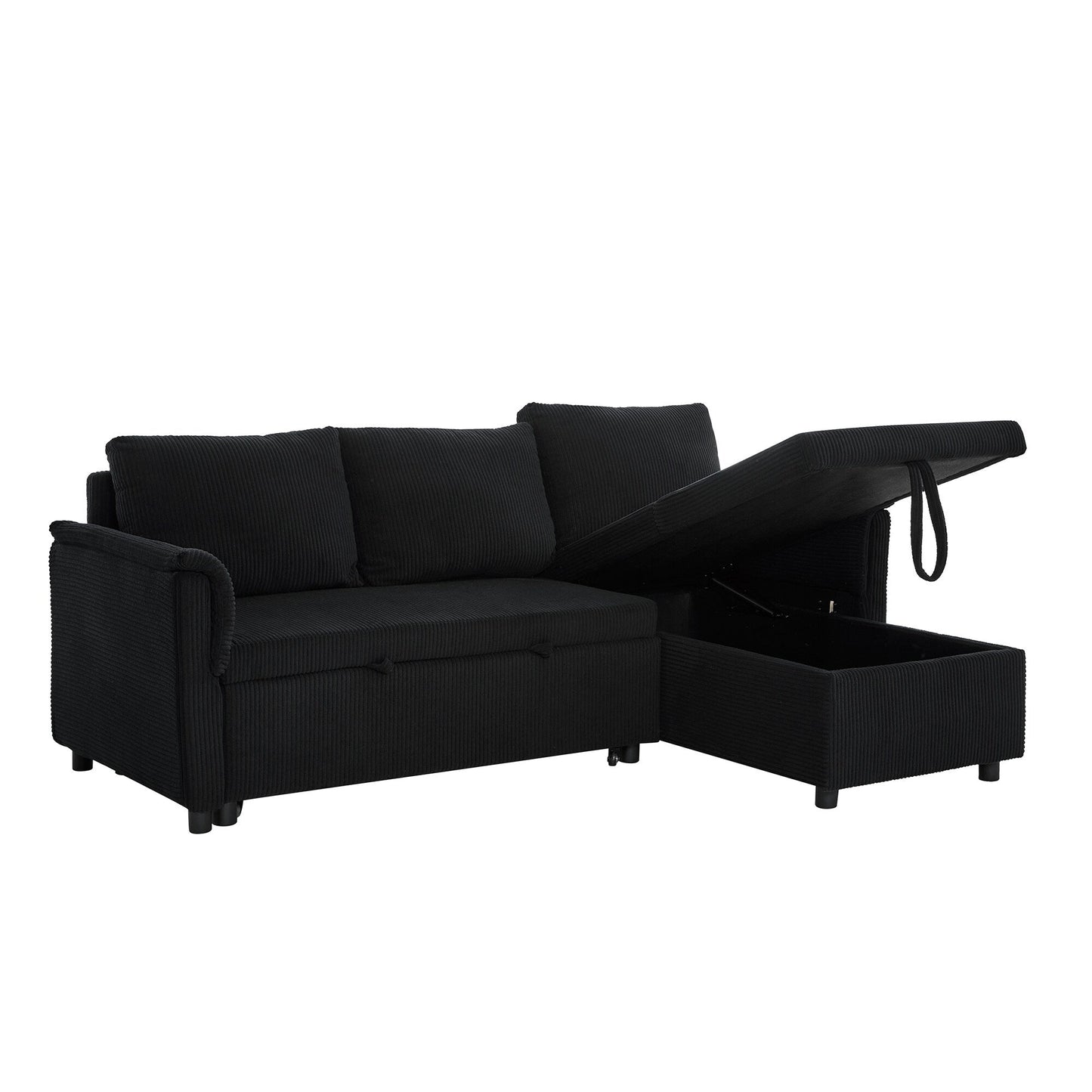 Divano letto estraibile modulare in velluto a coste trasformabile con chaise longue contenitore e schienale reclinabile per soggiorno