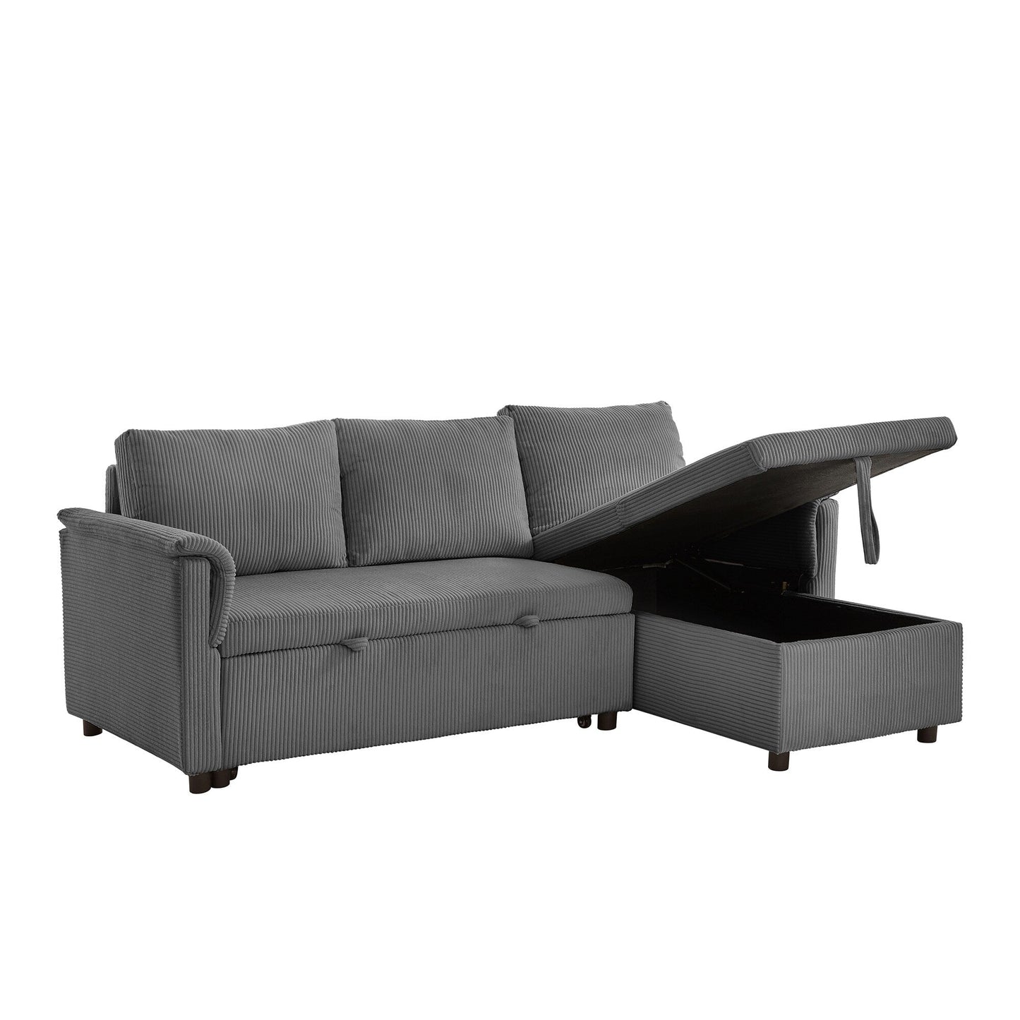 Divano letto estraibile modulare in velluto a coste trasformabile con chaise longue contenitore e schienale reclinabile per soggiorno