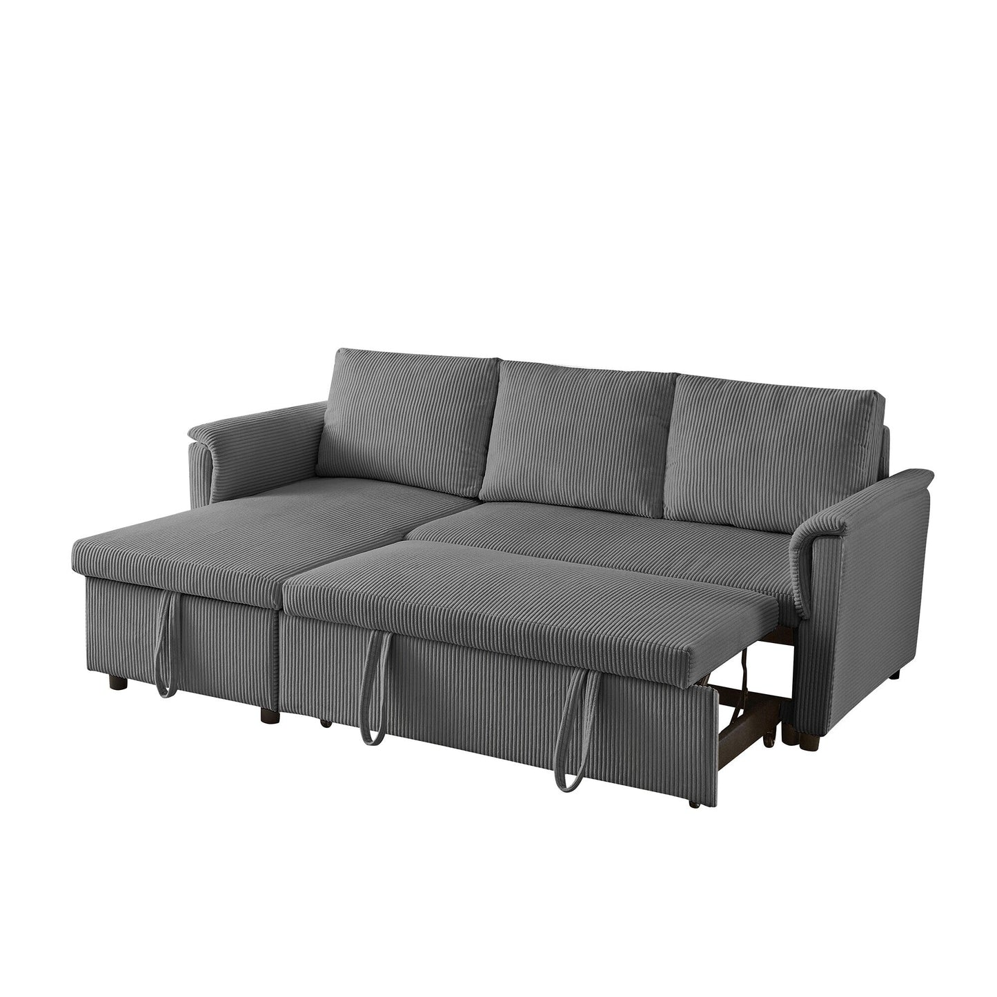 Divano letto estraibile modulare in velluto a coste trasformabile con chaise longue contenitore e schienale reclinabile per soggiorno