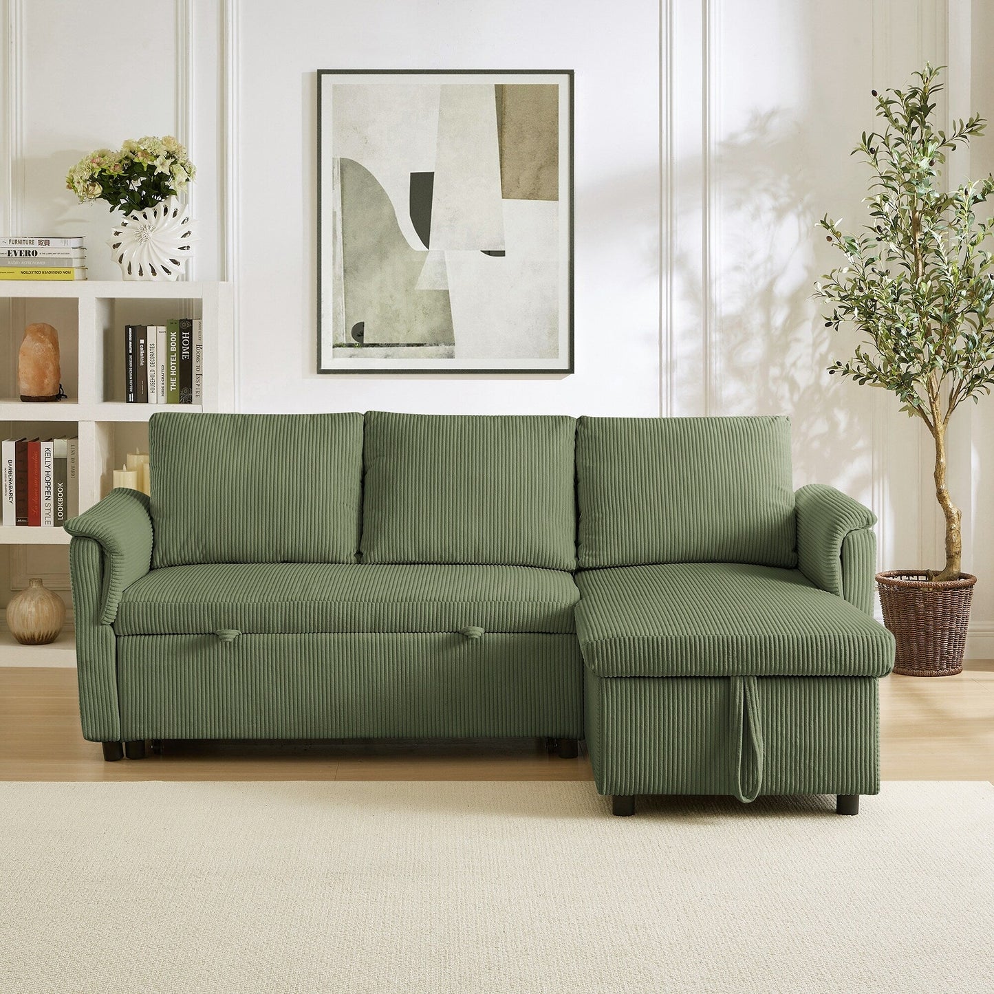Divano letto estraibile modulare in velluto a coste trasformabile con chaise longue contenitore e schienale reclinabile per soggiorno