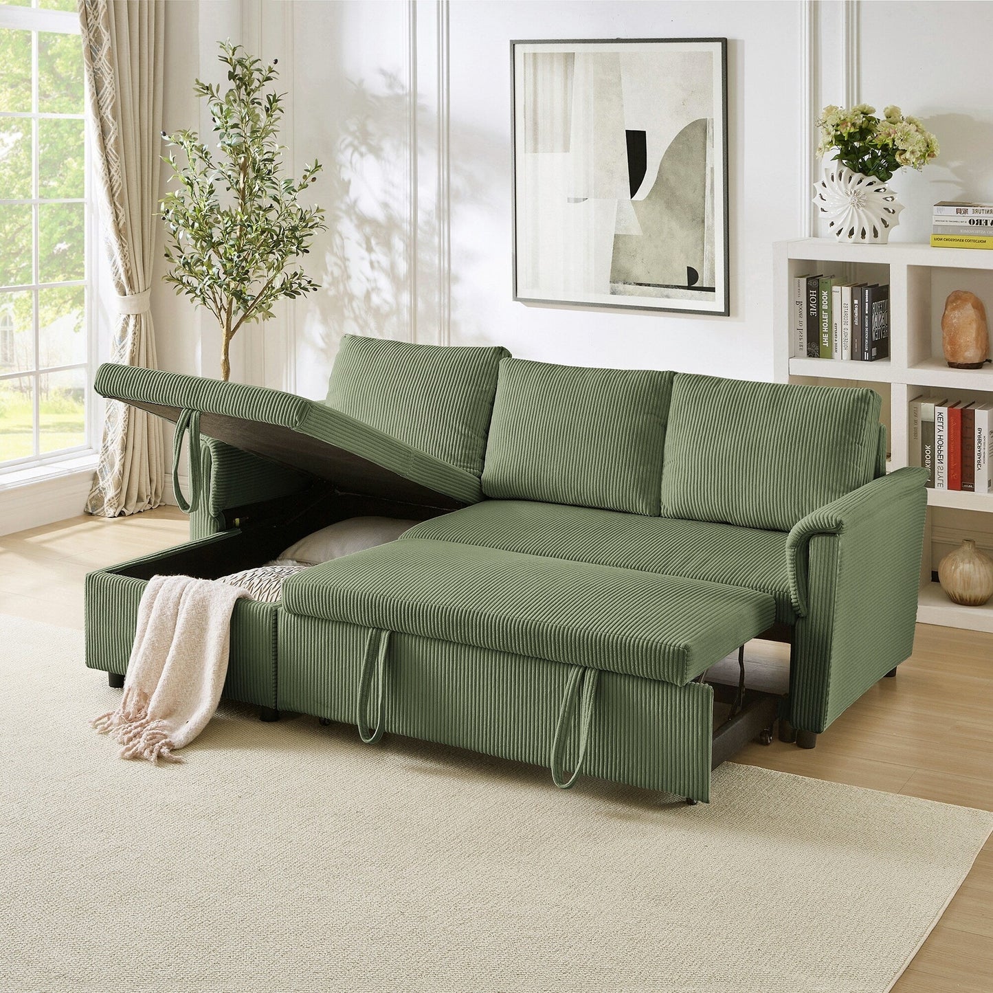 Divano letto estraibile modulare in velluto a coste trasformabile con chaise longue contenitore e schienale reclinabile per soggiorno