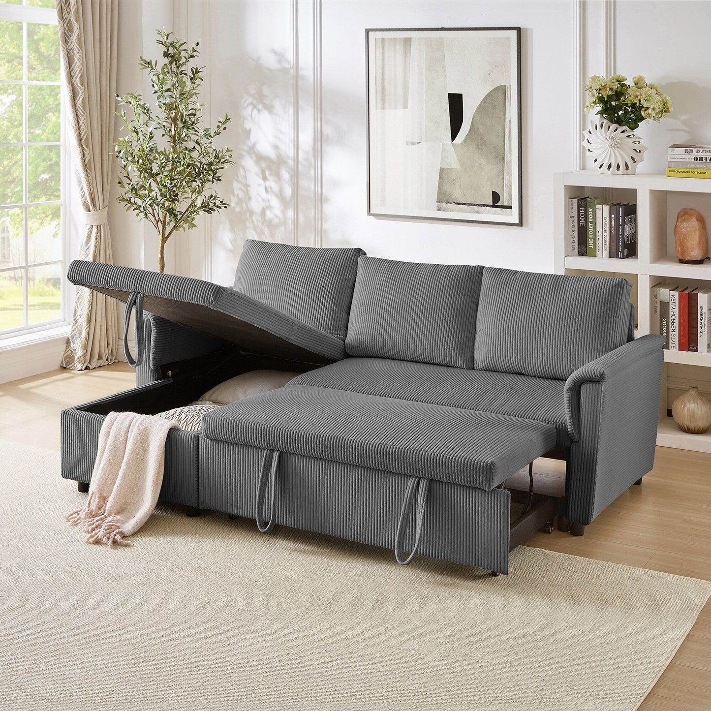 Divano letto estraibile modulare in velluto a coste trasformabile con chaise longue contenitore e schienale reclinabile per soggiorno