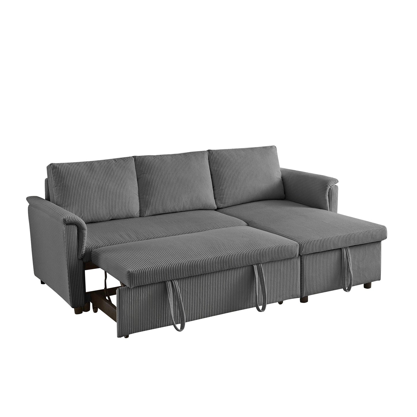 Divano letto estraibile modulare in velluto a coste trasformabile con chaise longue contenitore e schienale reclinabile per soggiorno