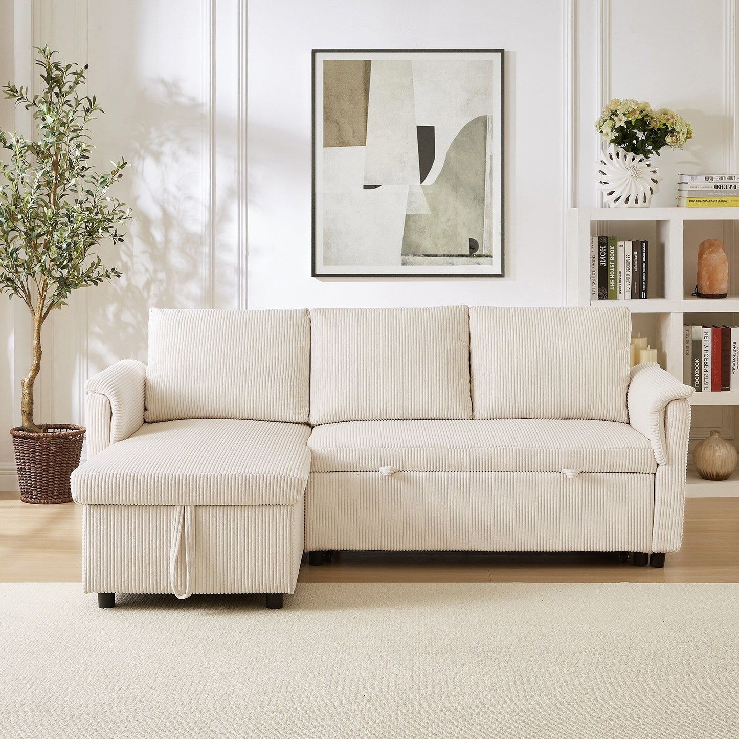 Divano letto estraibile modulare in velluto a coste trasformabile con chaise longue contenitore e schienale reclinabile per soggiorno