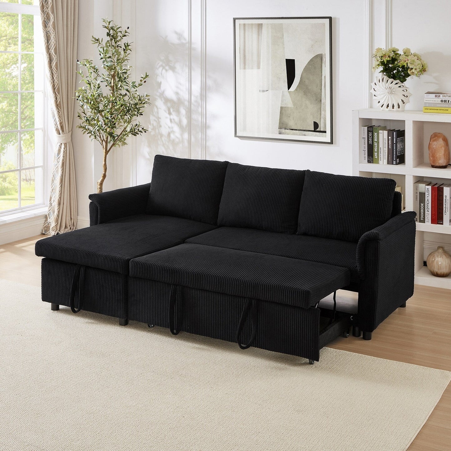 Divano letto estraibile modulare in velluto a coste trasformabile con chaise longue contenitore e schienale reclinabile per soggiorno