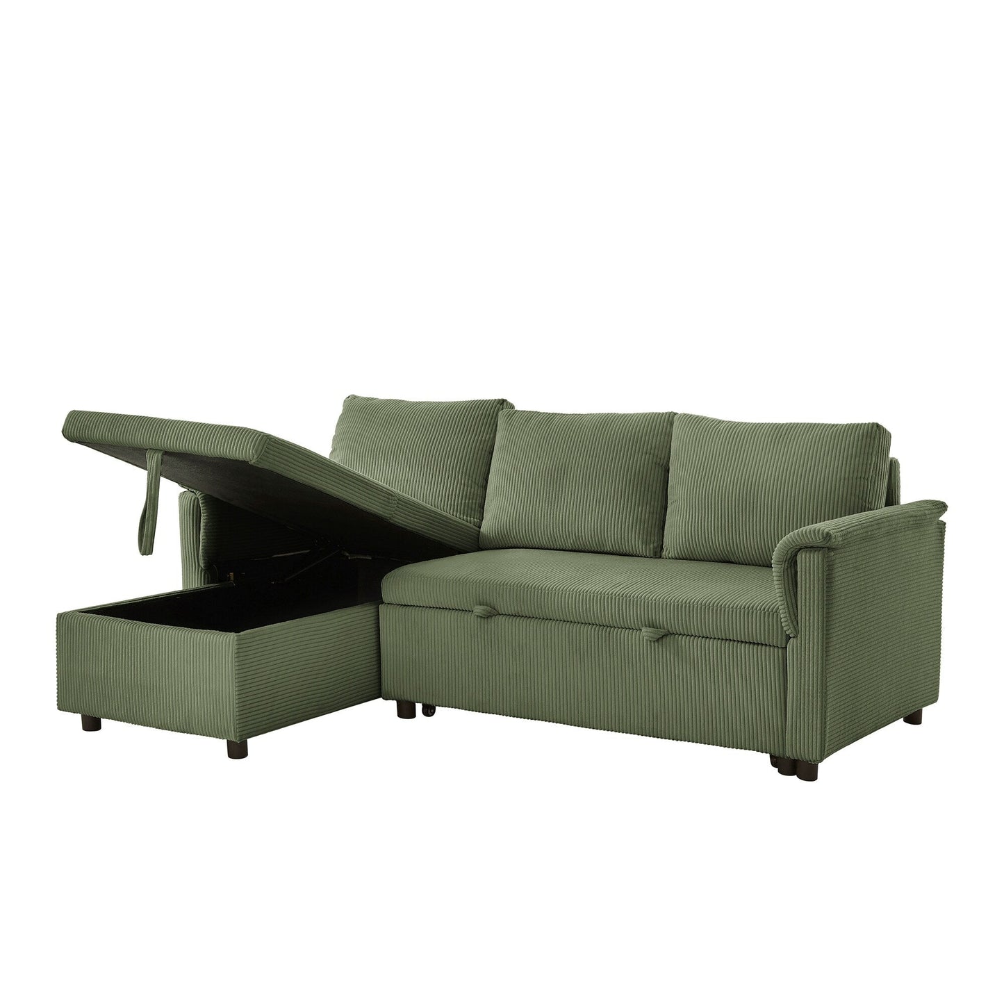 Divano letto estraibile modulare in velluto a coste trasformabile con chaise longue contenitore e schienale reclinabile per soggiorno