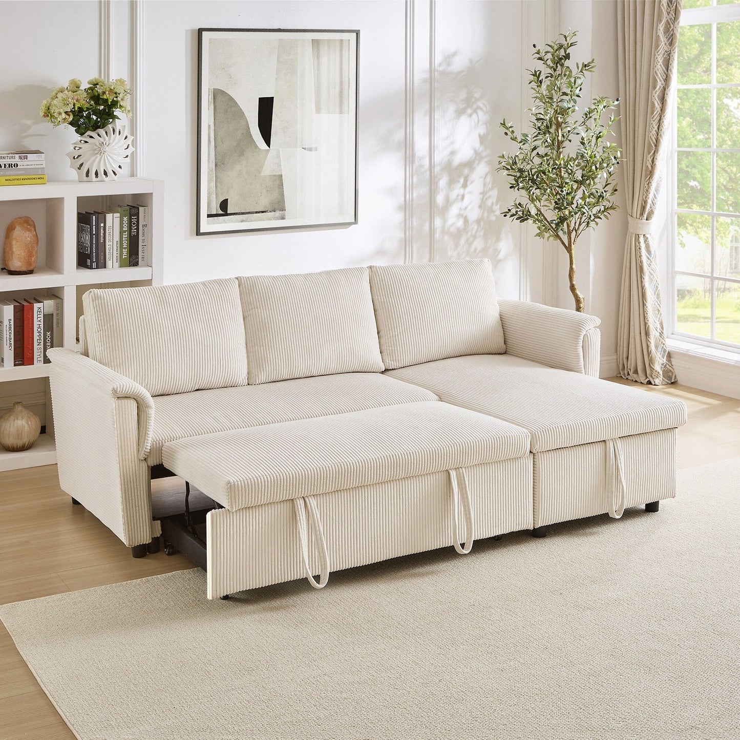 Divano letto estraibile modulare in velluto a coste trasformabile con chaise longue contenitore e schienale reclinabile per soggiorno