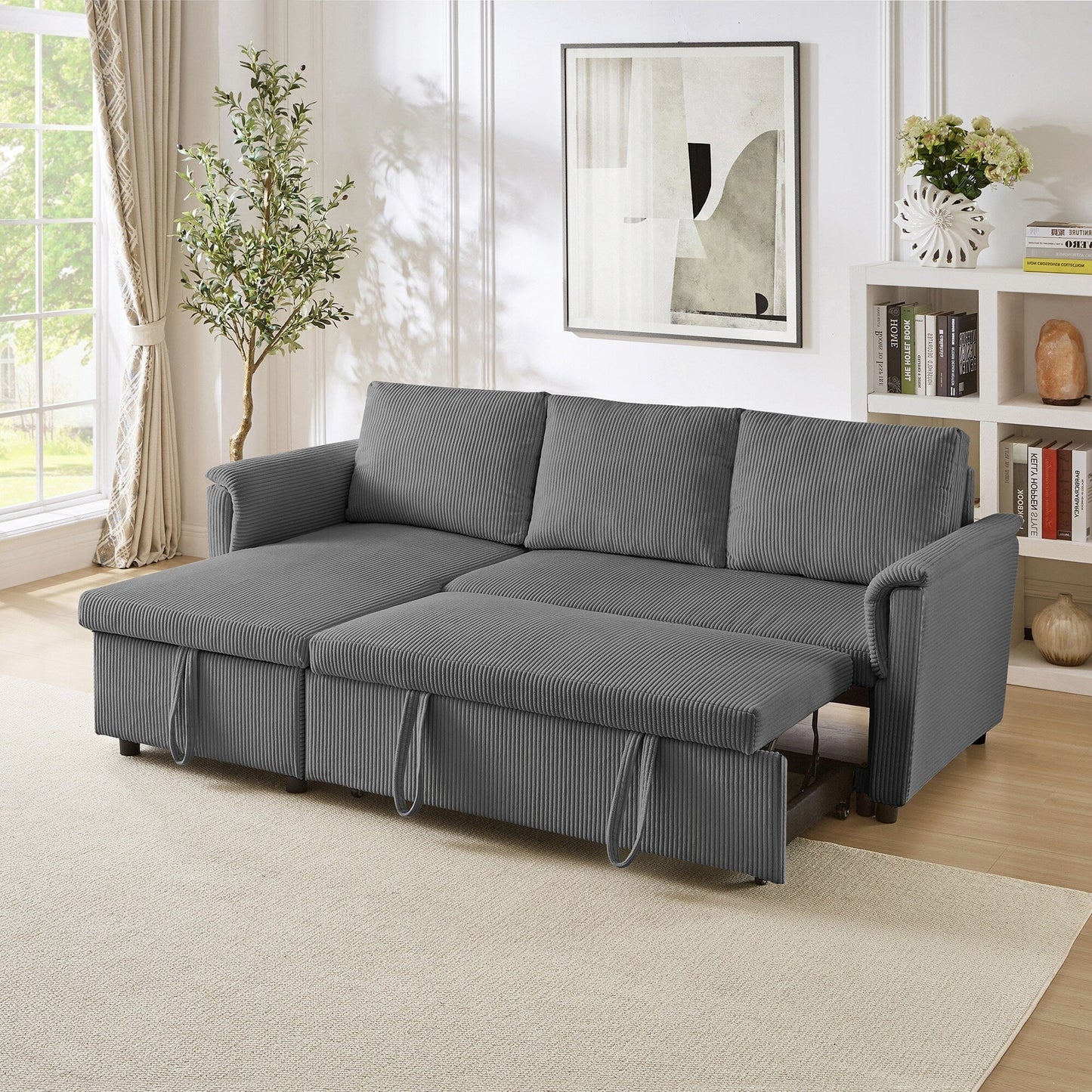 Divano letto estraibile modulare in velluto a coste trasformabile con chaise longue contenitore e schienale reclinabile per soggiorno