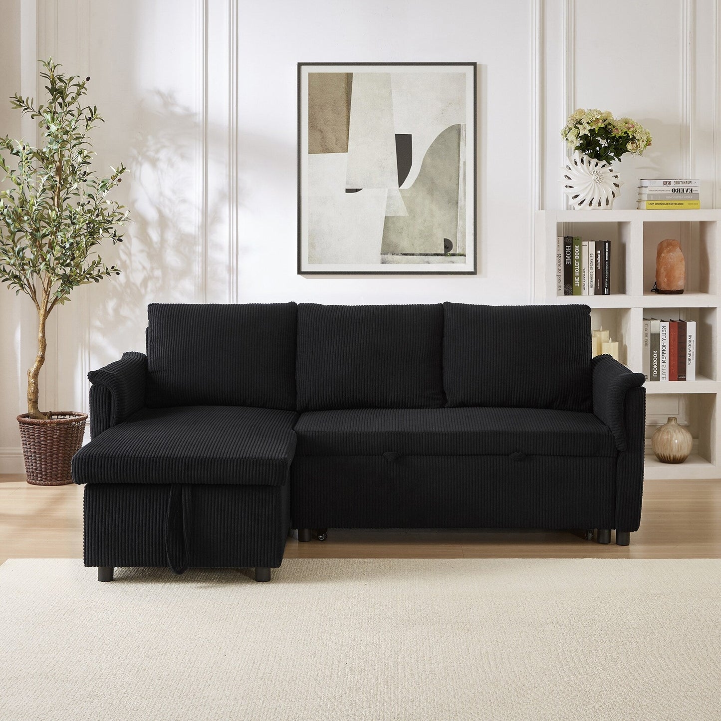 Divano letto estraibile modulare in velluto a coste trasformabile con chaise longue contenitore e schienale reclinabile per soggiorno