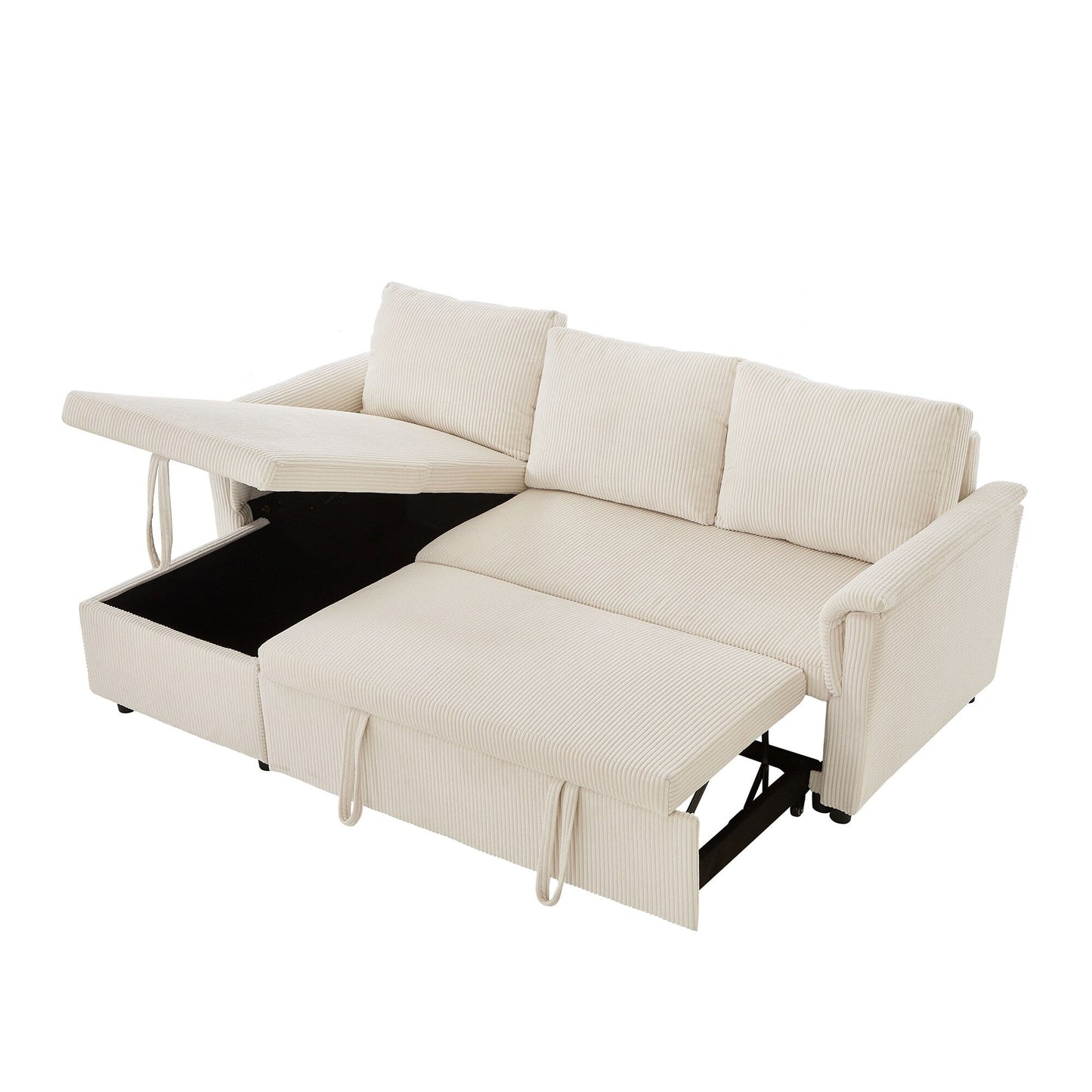 Divano letto estraibile modulare in velluto a coste trasformabile con chaise longue contenitore e schienale reclinabile per soggiorno