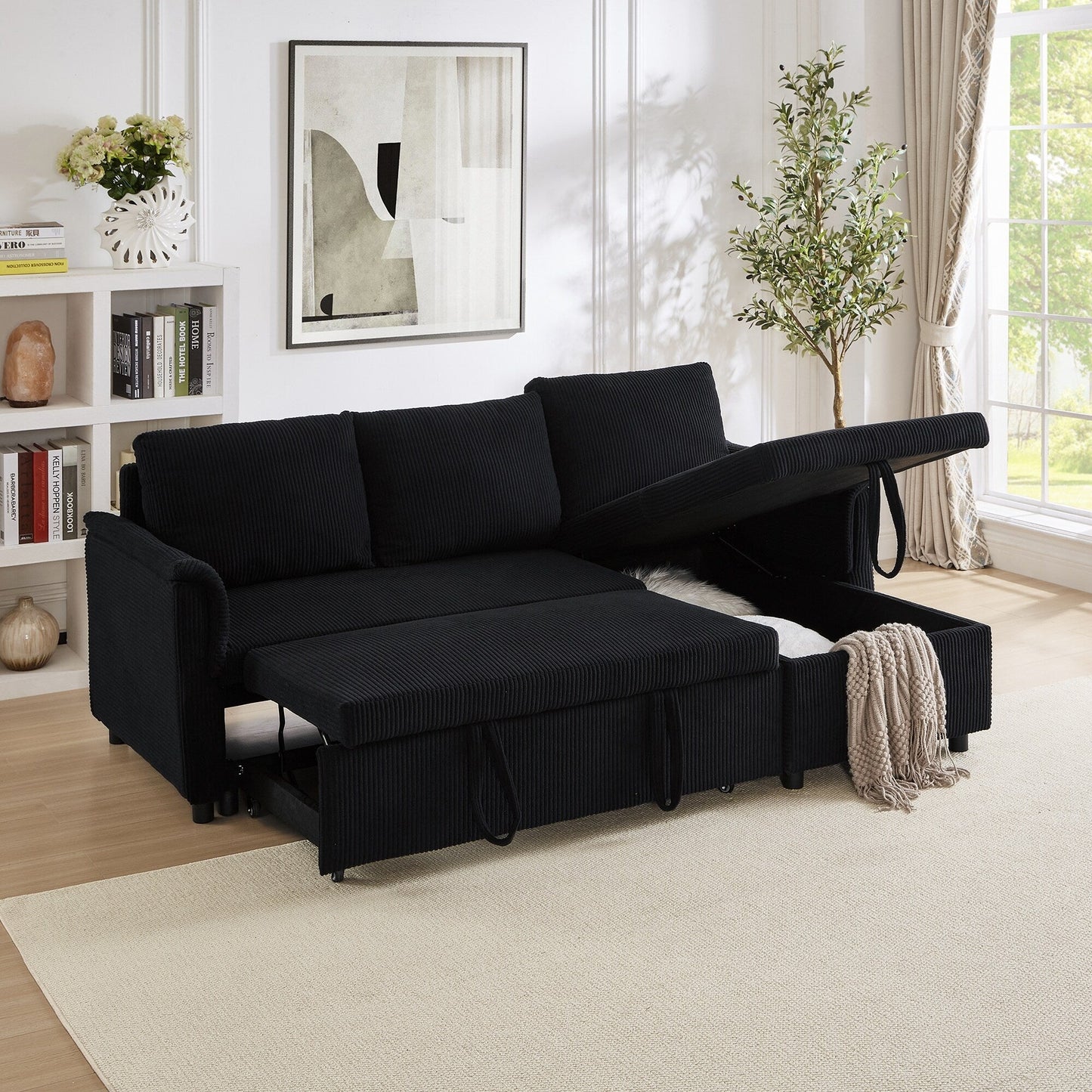 Divano letto estraibile modulare in velluto a coste trasformabile con chaise longue contenitore e schienale reclinabile per soggiorno