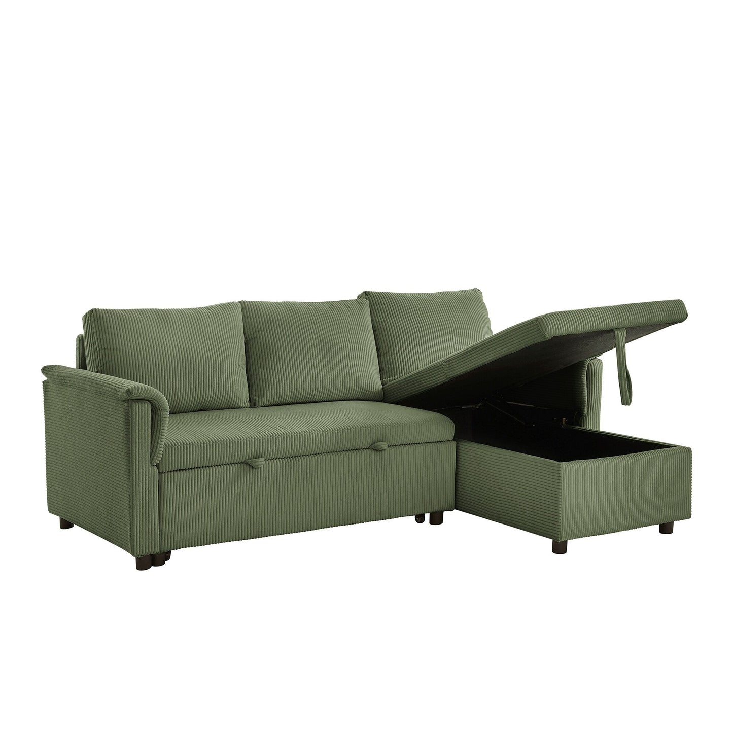 Divano letto estraibile modulare in velluto a coste trasformabile con chaise longue contenitore e schienale reclinabile per soggiorno