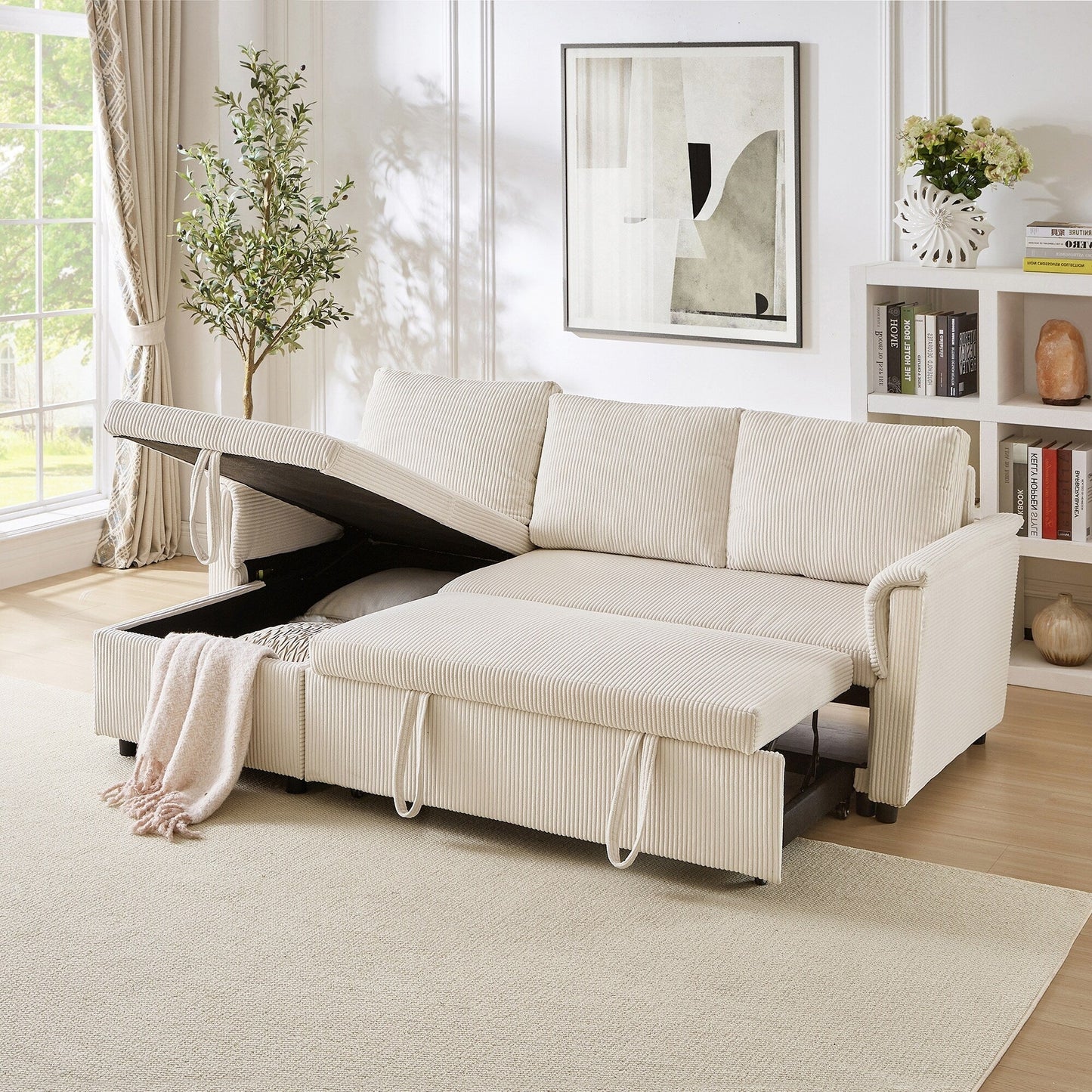 Divano letto estraibile modulare in velluto a coste trasformabile con chaise longue contenitore e schienale reclinabile per soggiorno