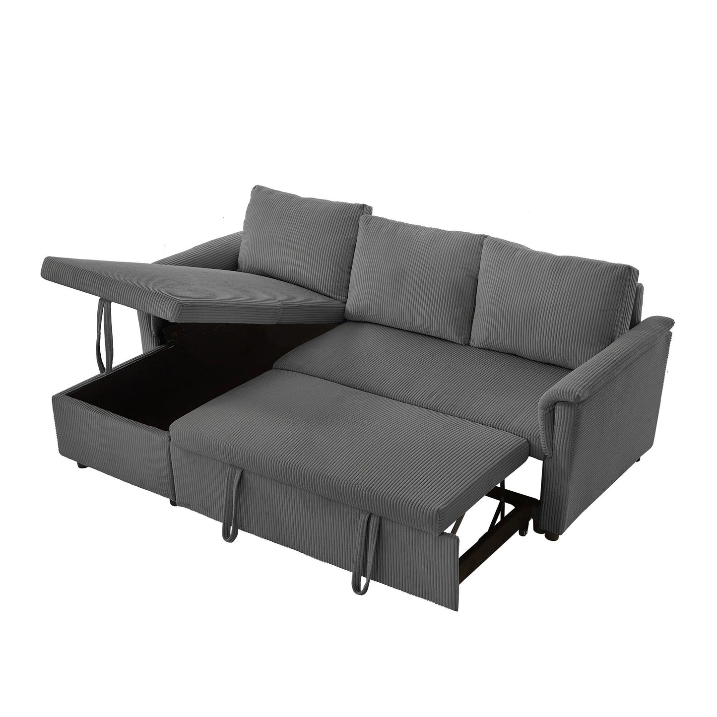 Divano letto estraibile modulare in velluto a coste trasformabile con chaise longue contenitore e schienale reclinabile per soggiorno
