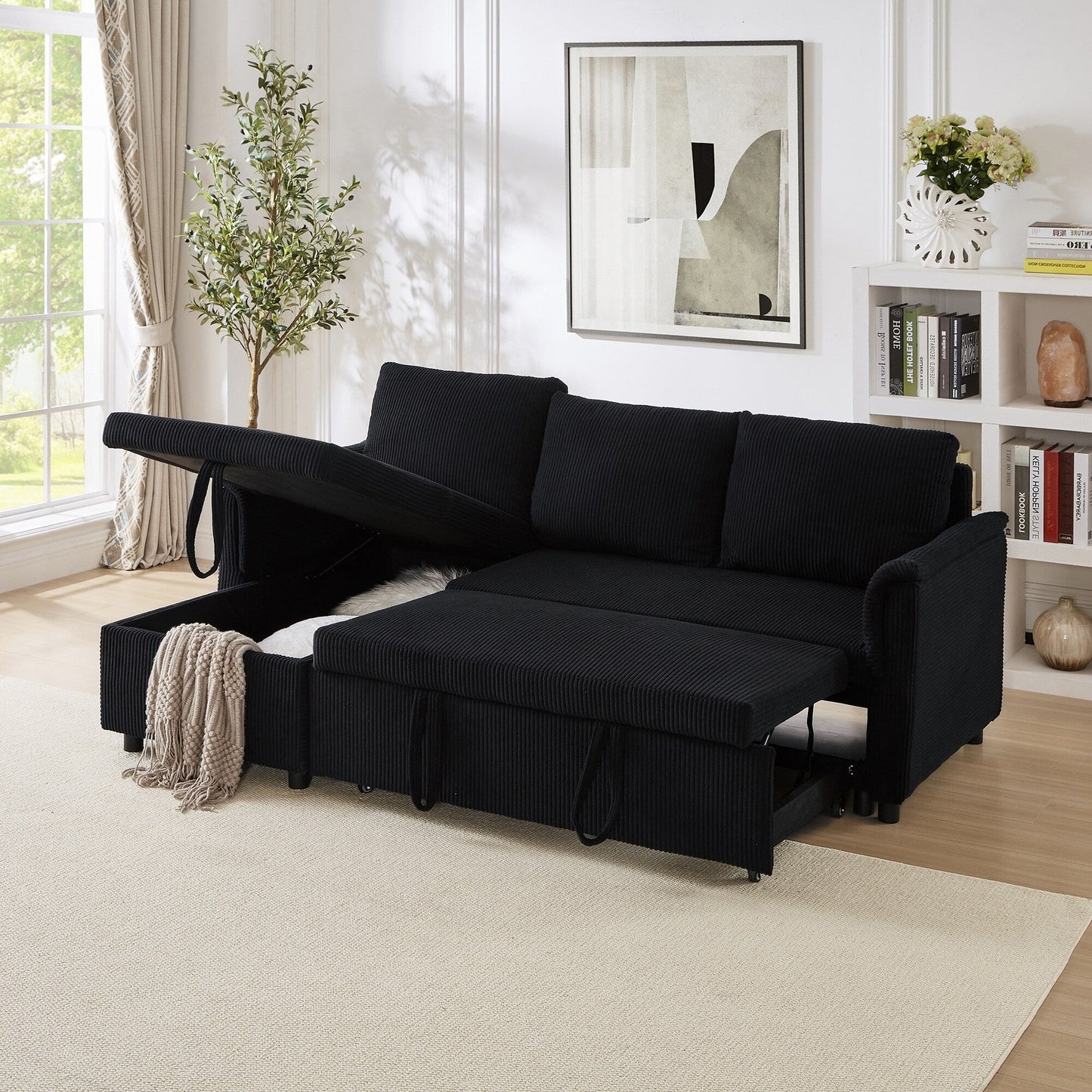 Divano letto estraibile modulare in velluto a coste trasformabile con chaise longue contenitore e schienale reclinabile per soggiorno