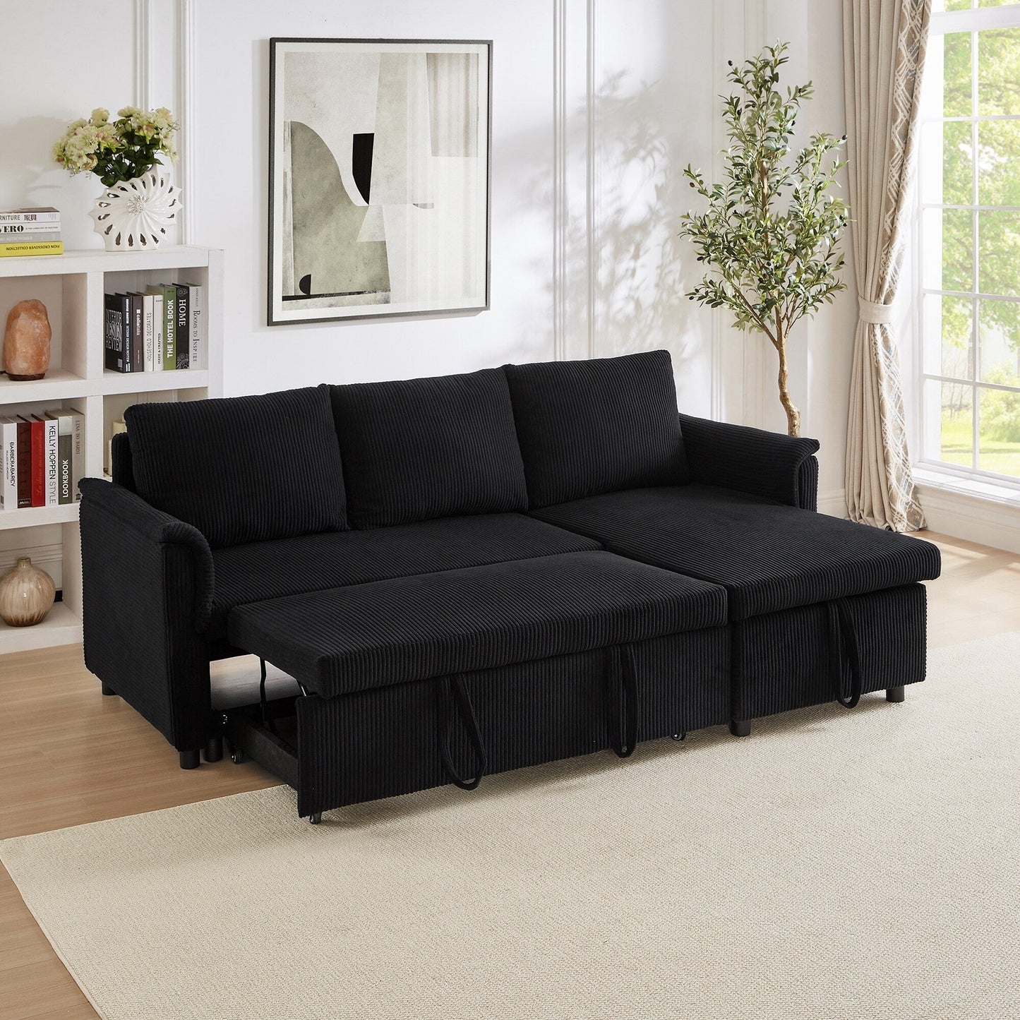 Divano letto estraibile modulare in velluto a coste trasformabile con chaise longue contenitore e schienale reclinabile per soggiorno