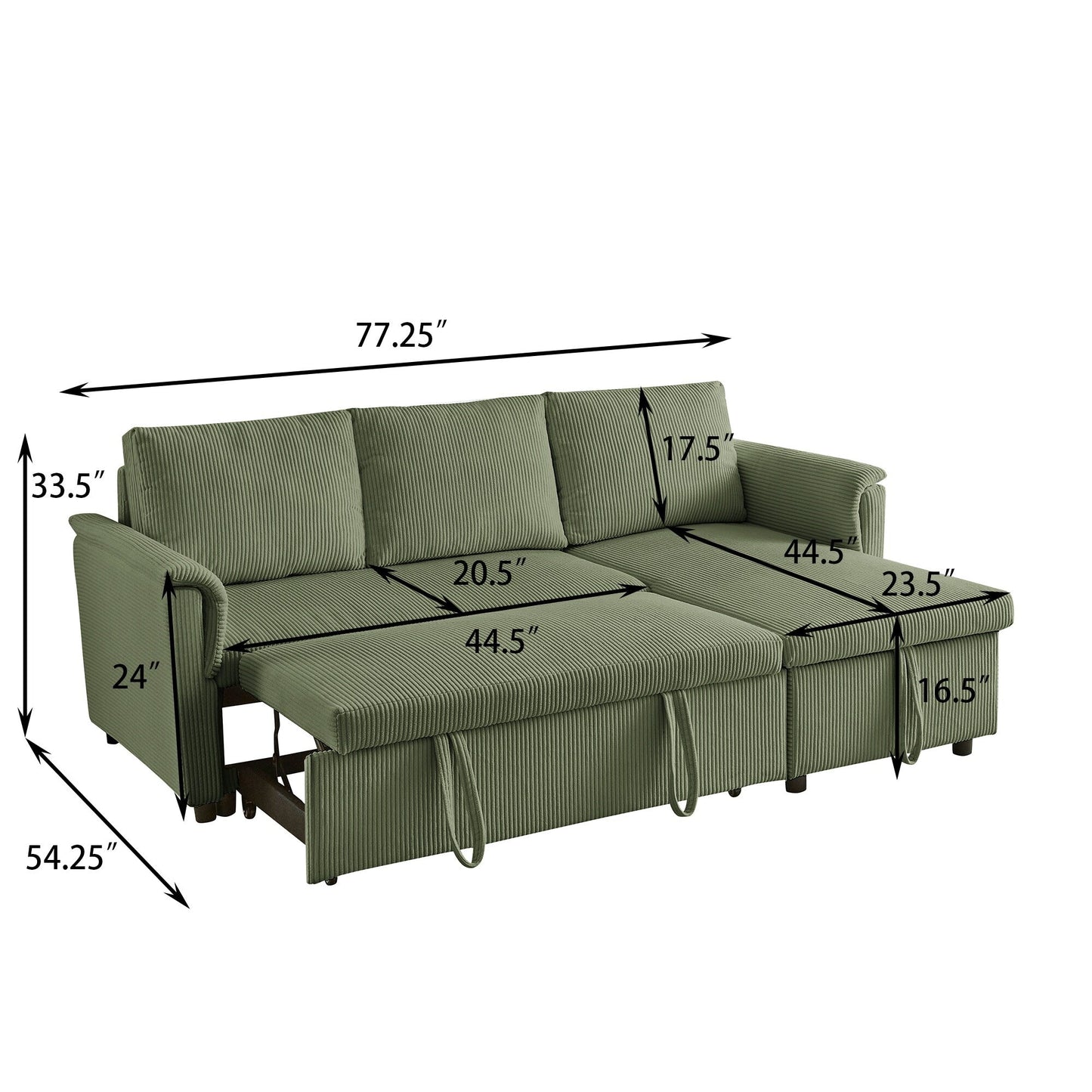Divano letto estraibile modulare in velluto a coste trasformabile con chaise longue contenitore e schienale reclinabile per soggiorno