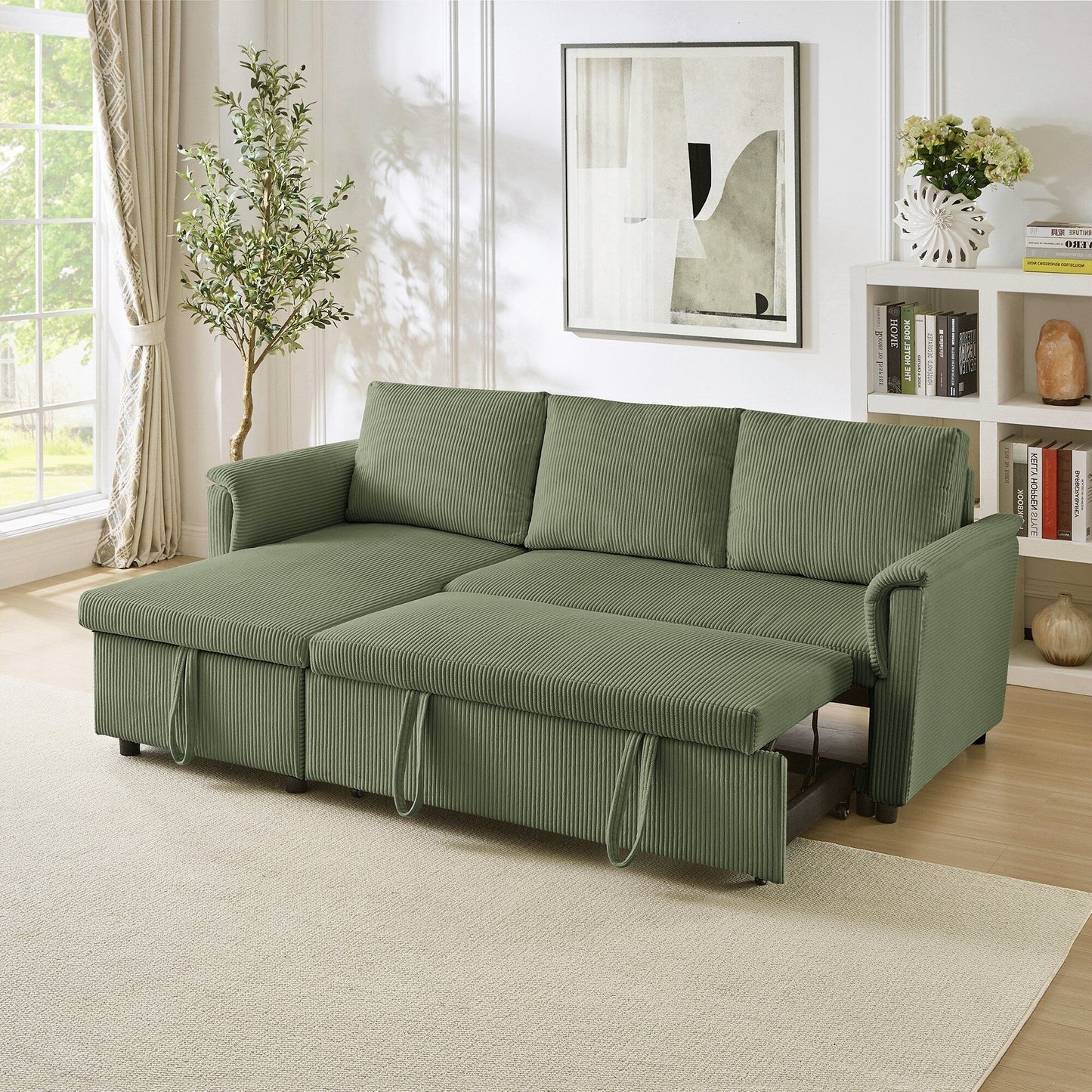 Divano letto estraibile modulare in velluto a coste trasformabile con chaise longue contenitore e schienale reclinabile per soggiorno