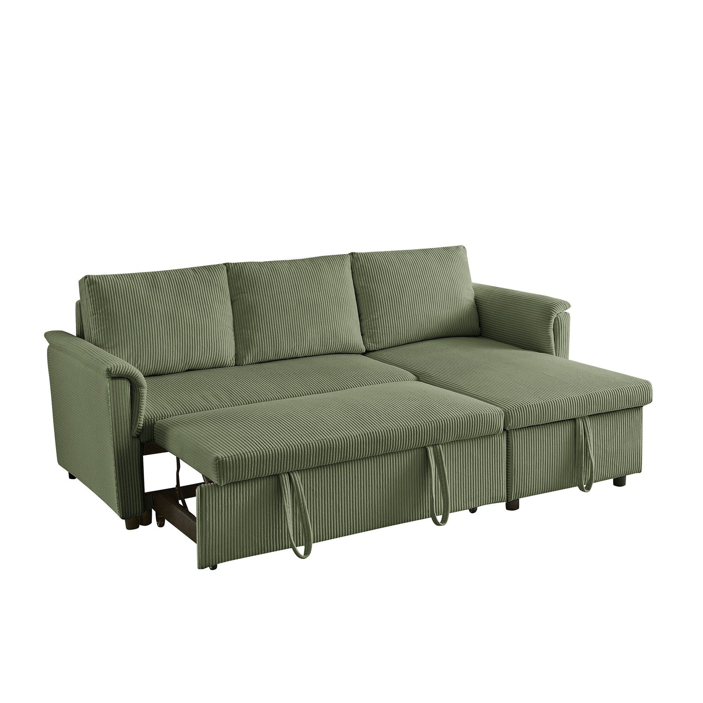 Divano letto estraibile modulare in velluto a coste trasformabile con chaise longue contenitore e schienale reclinabile per soggiorno