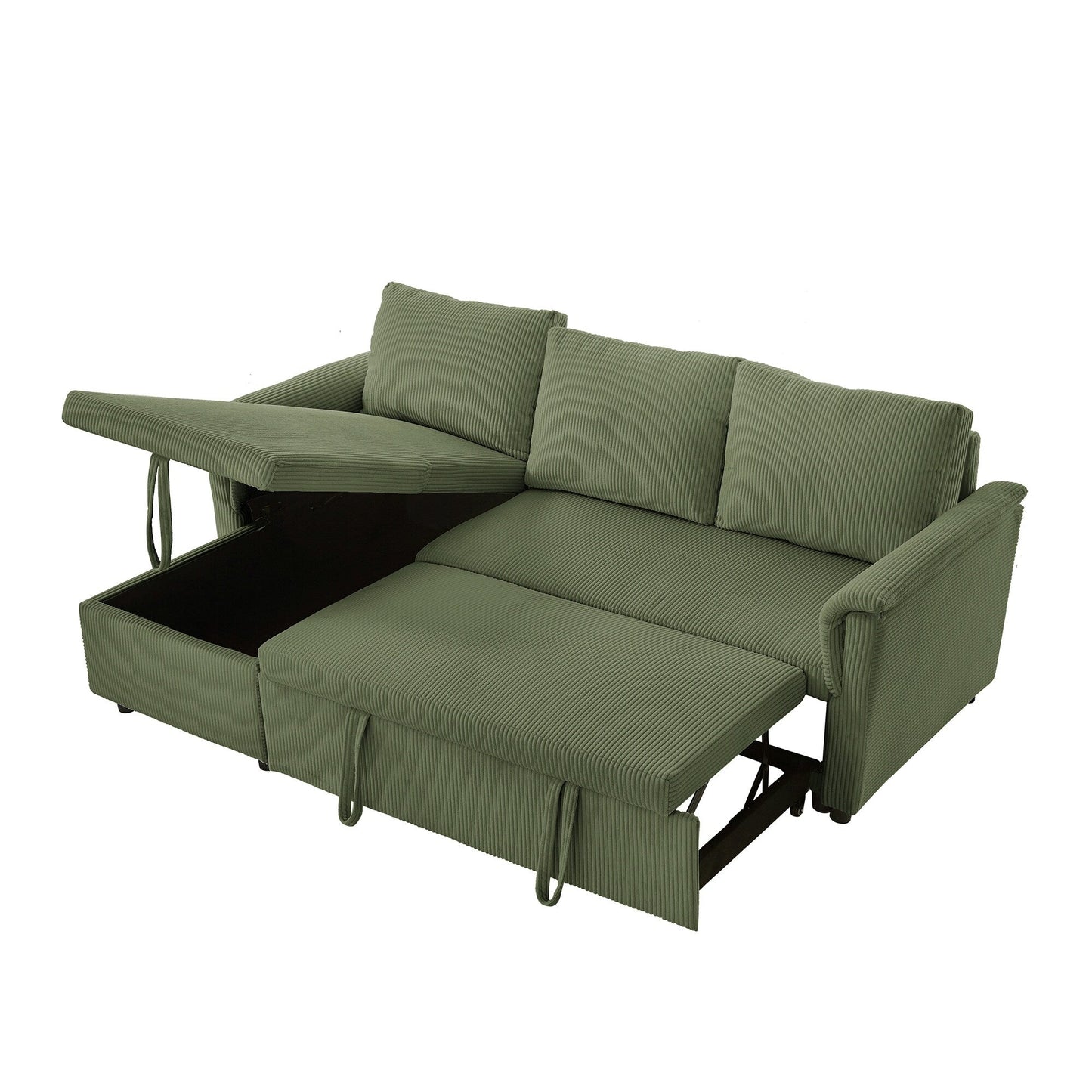 Divano letto estraibile modulare in velluto a coste trasformabile con chaise longue contenitore e schienale reclinabile per soggiorno