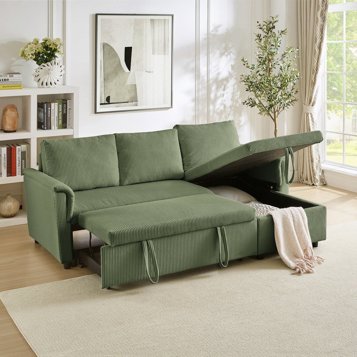 Divano letto estraibile modulare in velluto a coste trasformabile con chaise longue contenitore e schienale reclinabile per soggiorno