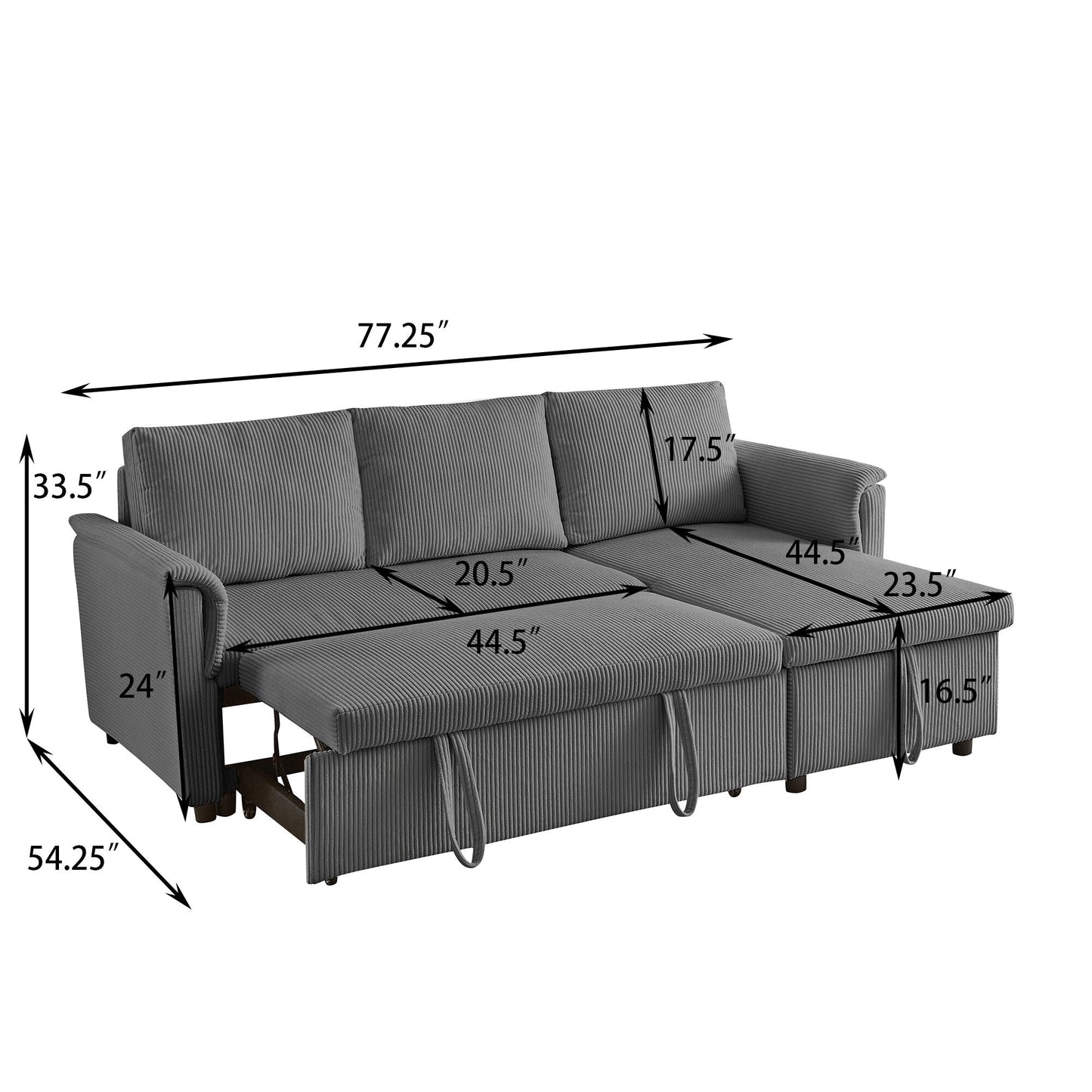 Divano letto estraibile modulare in velluto a coste trasformabile con chaise longue contenitore e schienale reclinabile per soggiorno