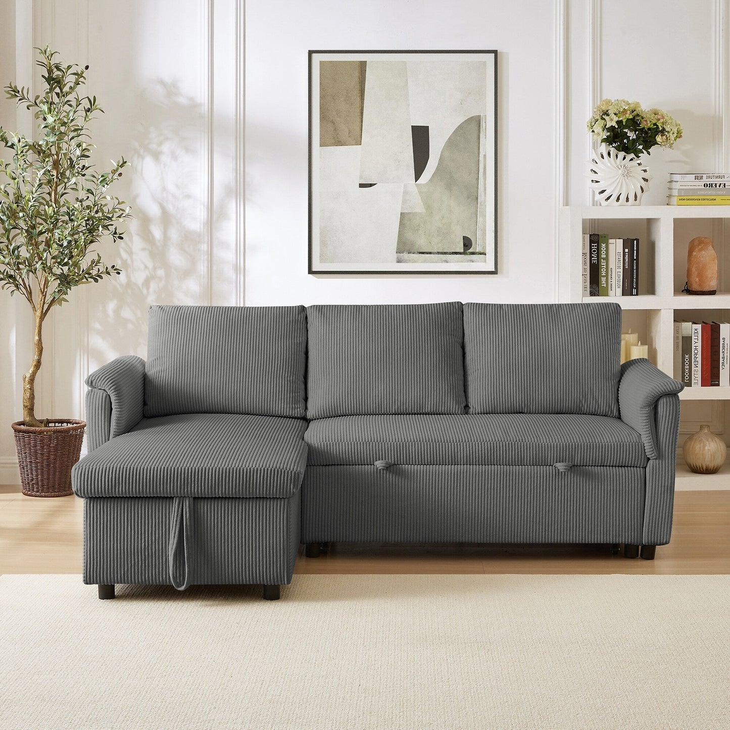 Divano letto estraibile modulare in velluto a coste trasformabile con chaise longue contenitore e schienale reclinabile per soggiorno