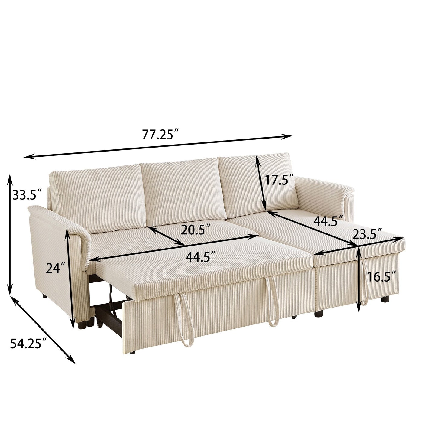 Divano letto estraibile modulare in velluto a coste trasformabile con chaise longue contenitore e schienale reclinabile per soggiorno